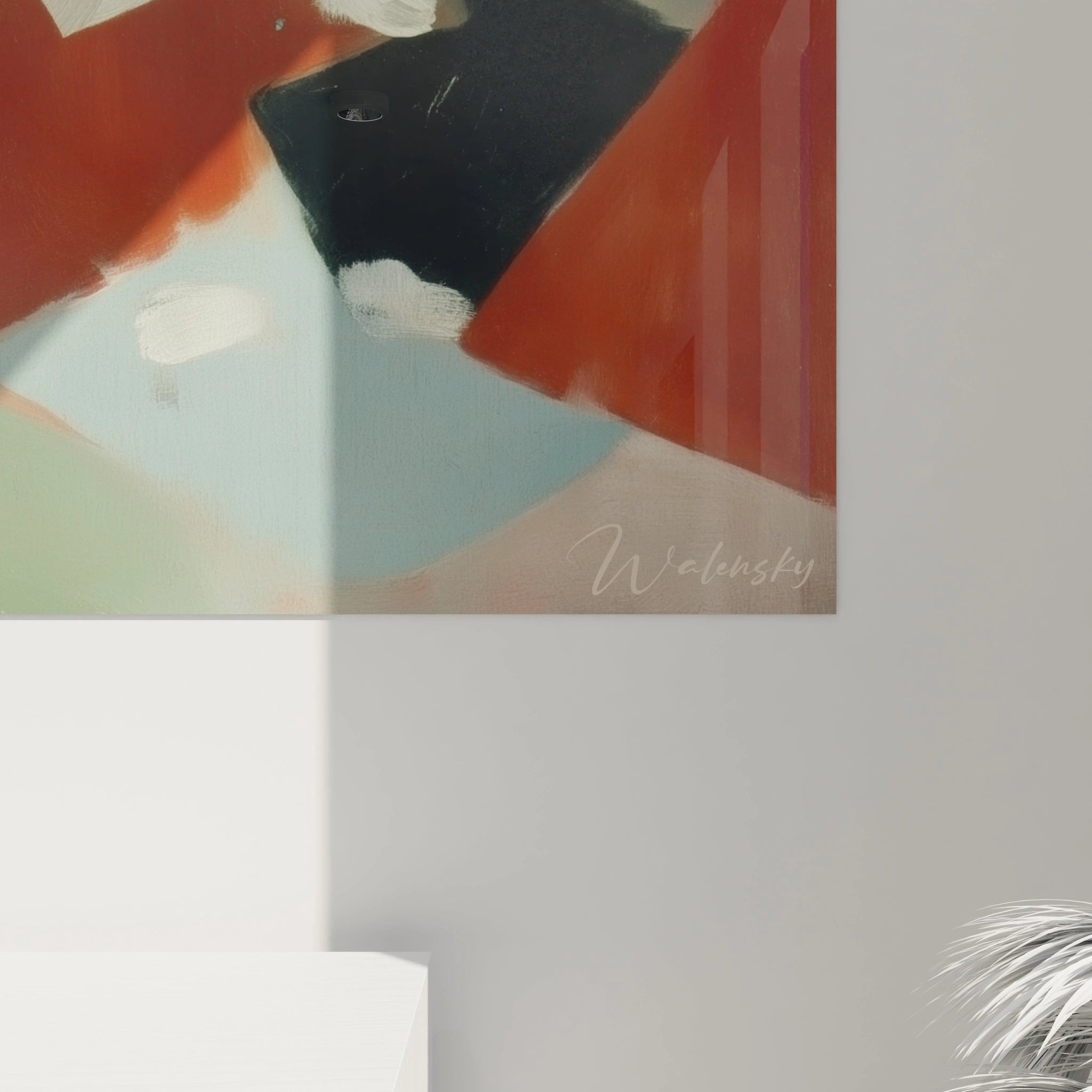 Tableau mural Walensky abstrait aux tons rouges et bleus avec signature visible tableau nature morte moderne