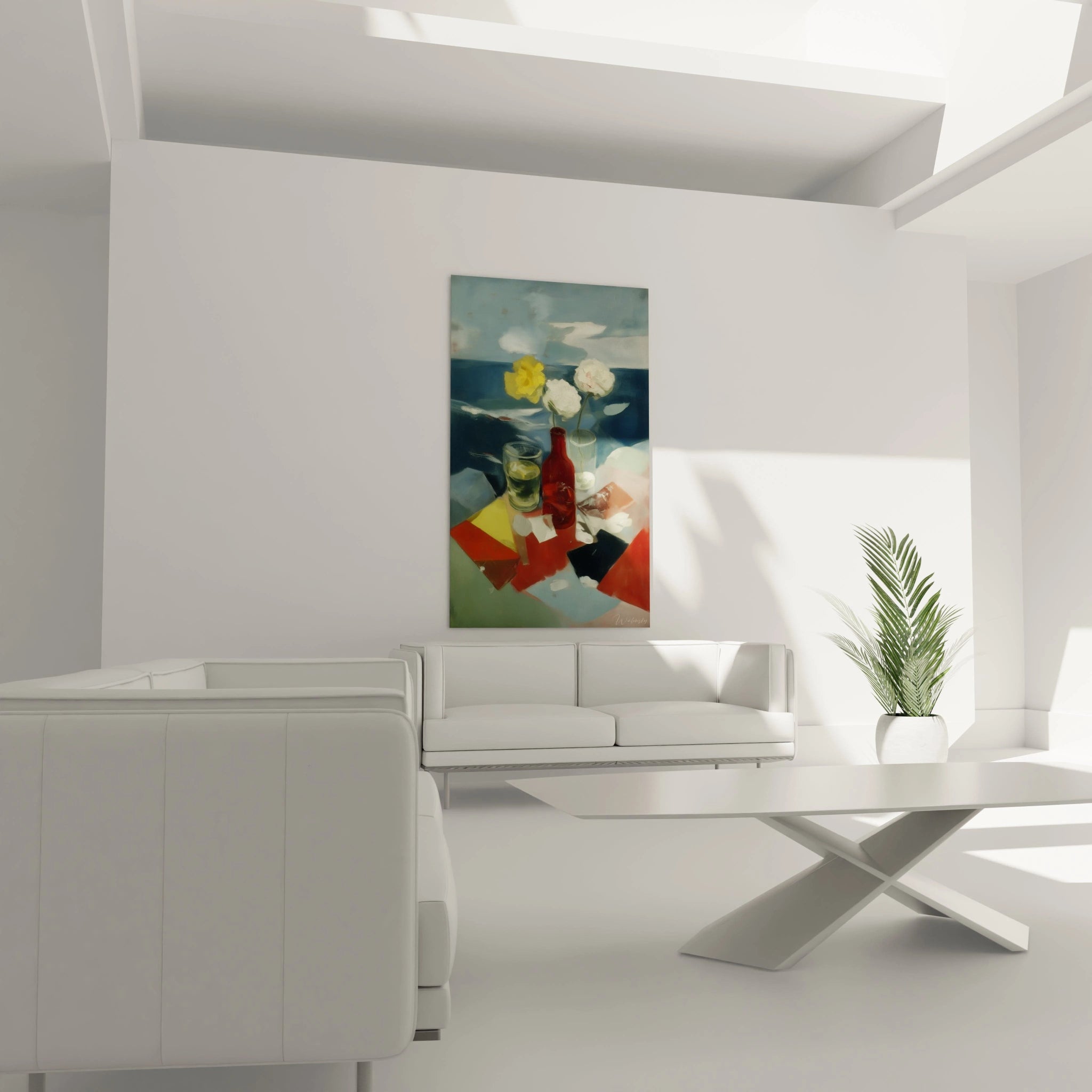 Tableau mural Walensky montrant un tableau nature morte moderne avec bouteille verre et fleurs colorées