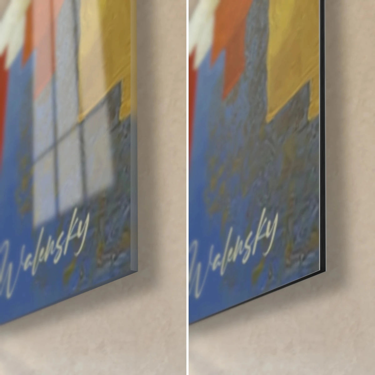 Wall art of stylized bottles, bottom right corner: glossy glass reflecting the window on the left, matte Dibond on the right, blue and yellow