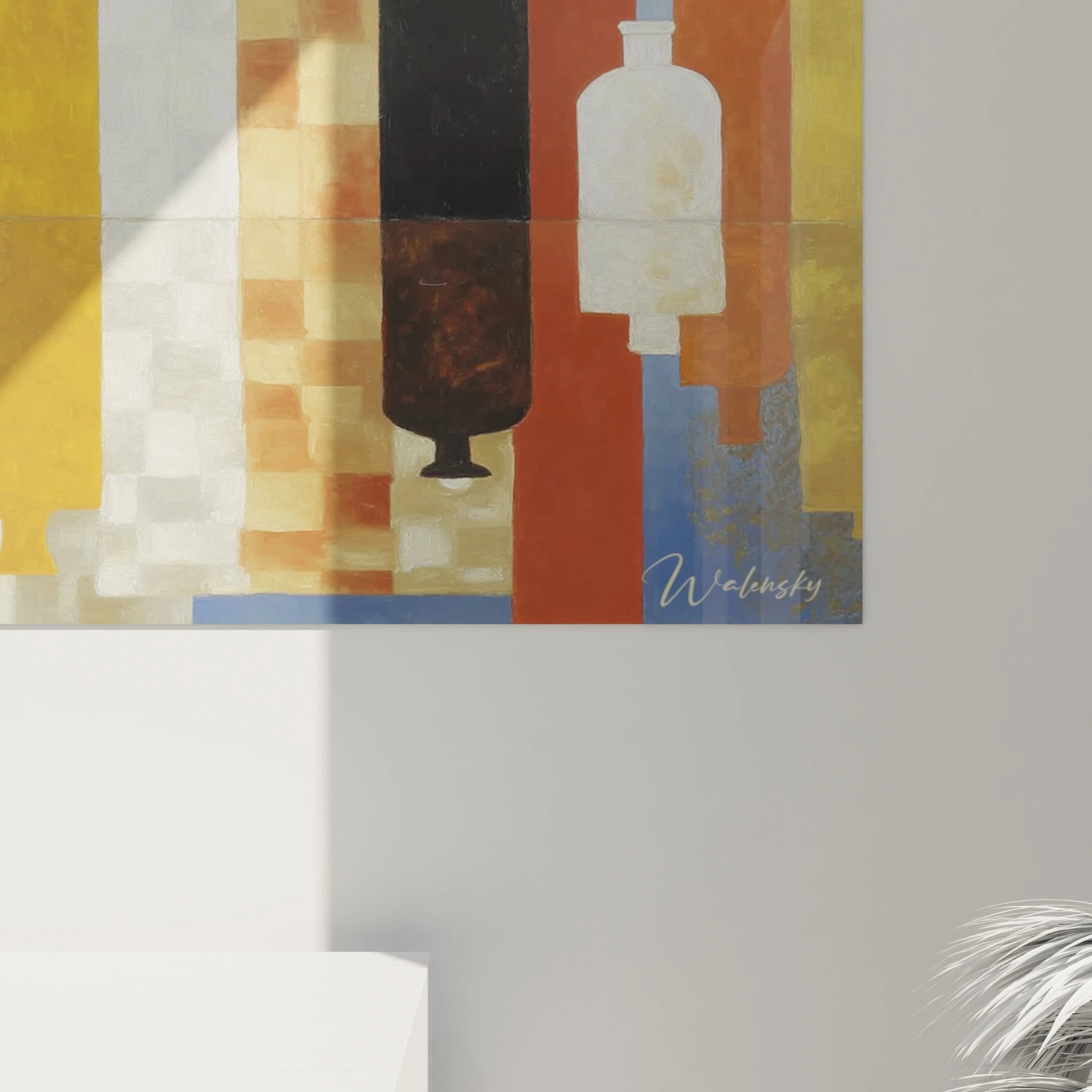 Tableau mural Walensky montrant un tableau cubiste nature morte avec bouteilles et blocs colorés