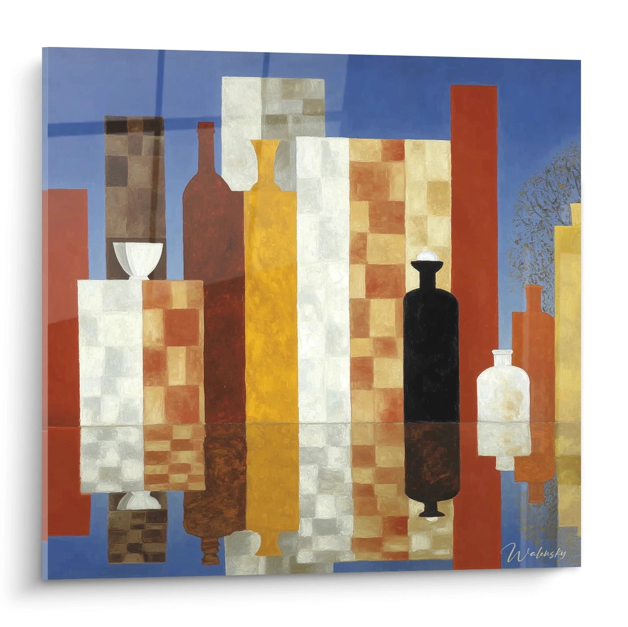 Tableau mural Walensky tableau cubiste nature morte avec bouteilles géométriques et reflets sur fond bleu