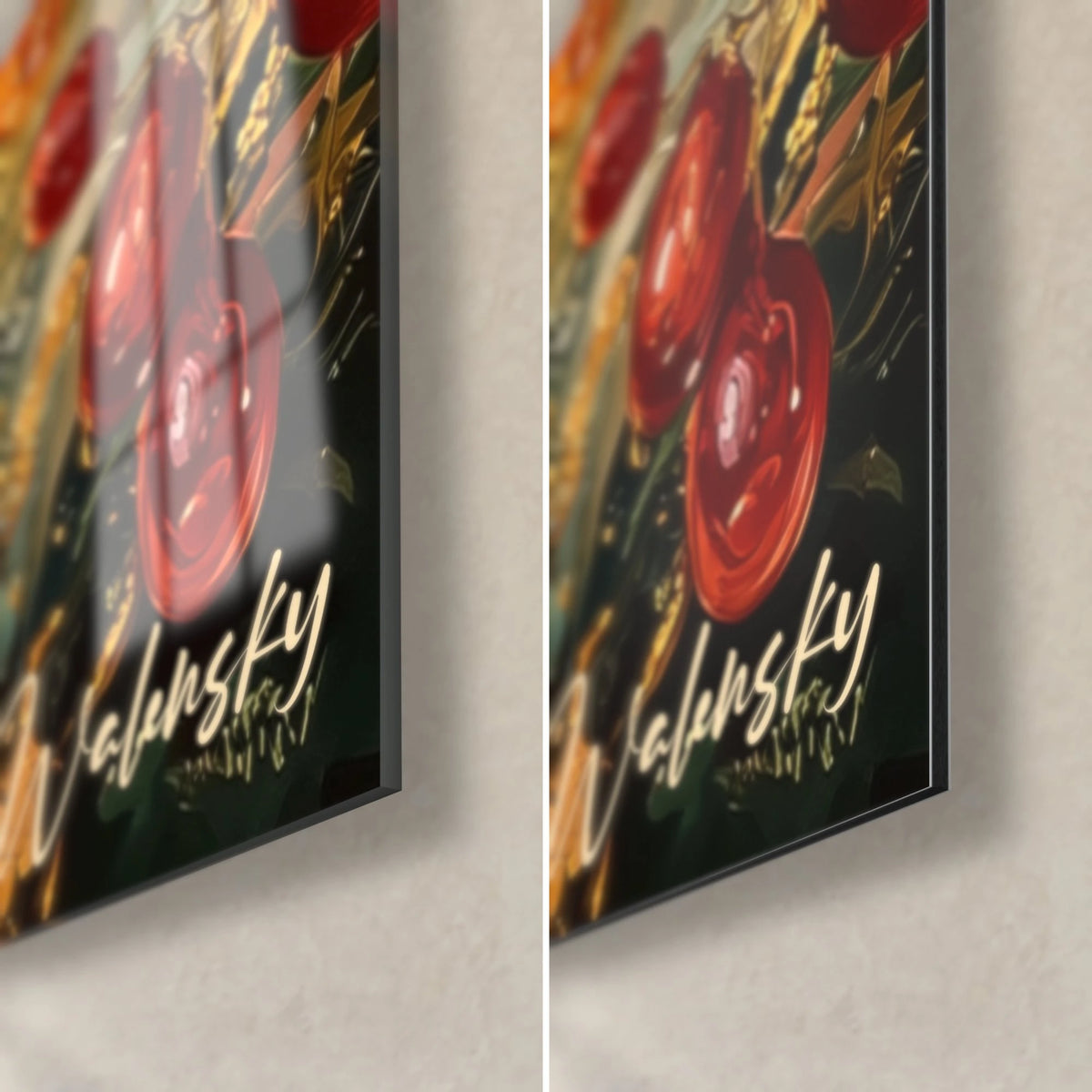 Tableau cerises rouge vif sur fond vert sombre, signature Walensky dorée, coin bas droit en verre brillant et Dibond mat