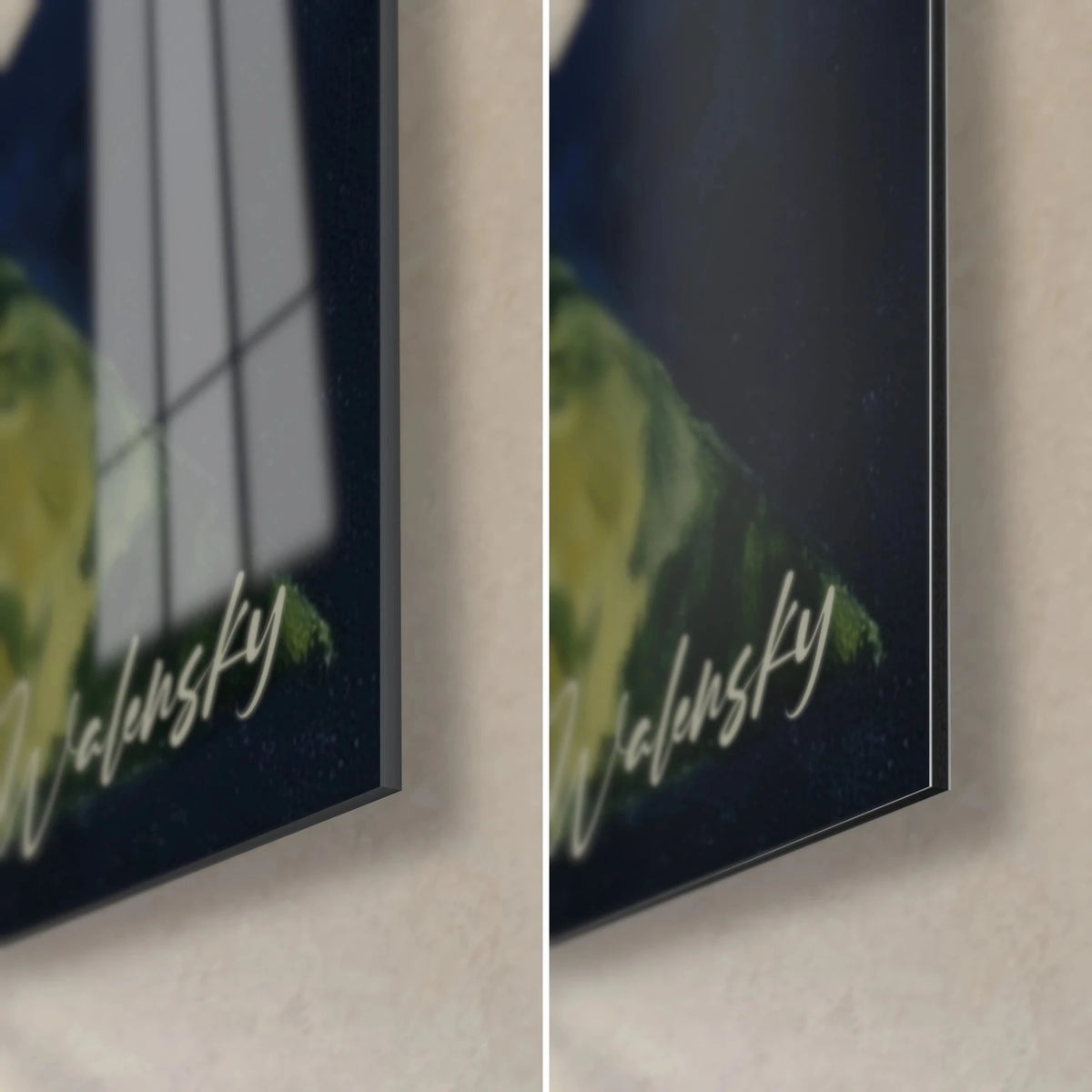 Wall art pink peonies in a dark green vase, bottom right corner in midnight blue and green, glossy glass on the left, matte Dibond on the right