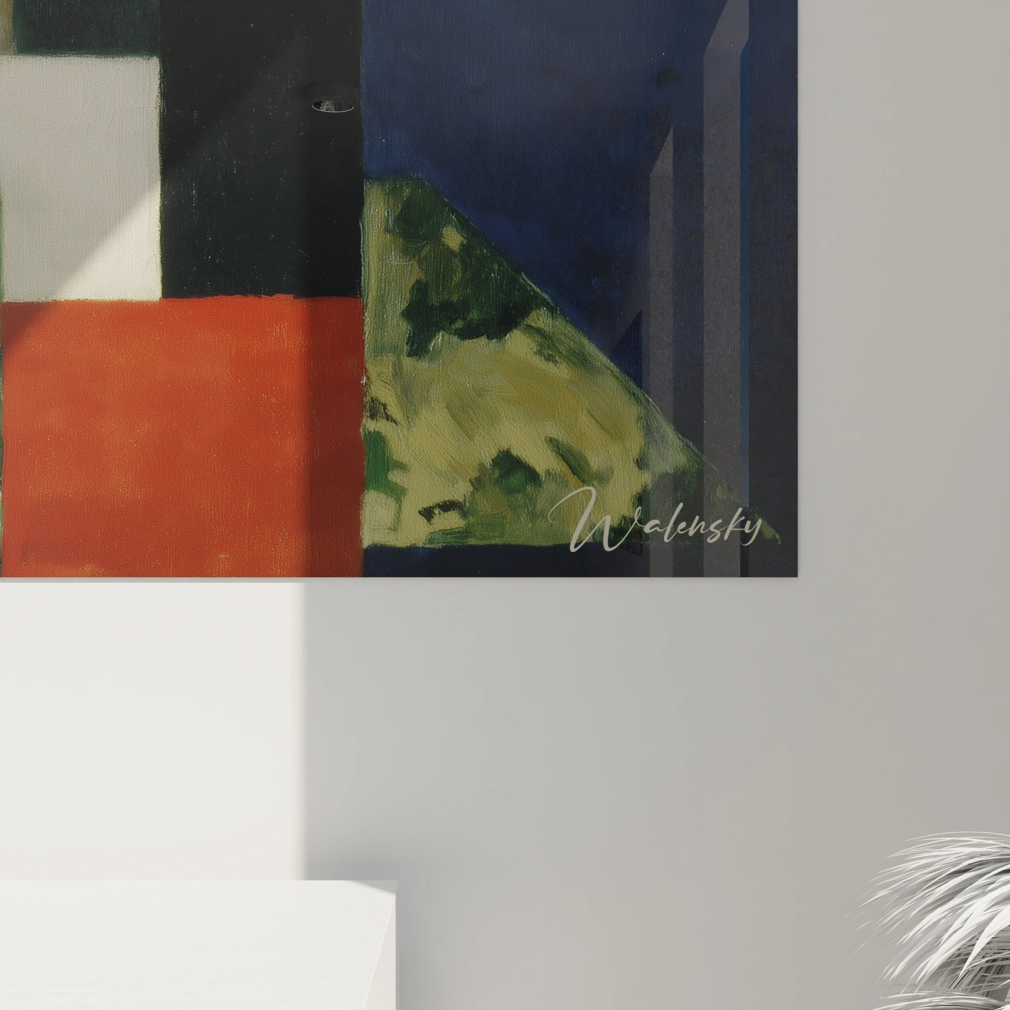 Walensky tableau mural abstrait avec blocs bleus verts et orange et signature visible tableau nature morte fleurs moderne