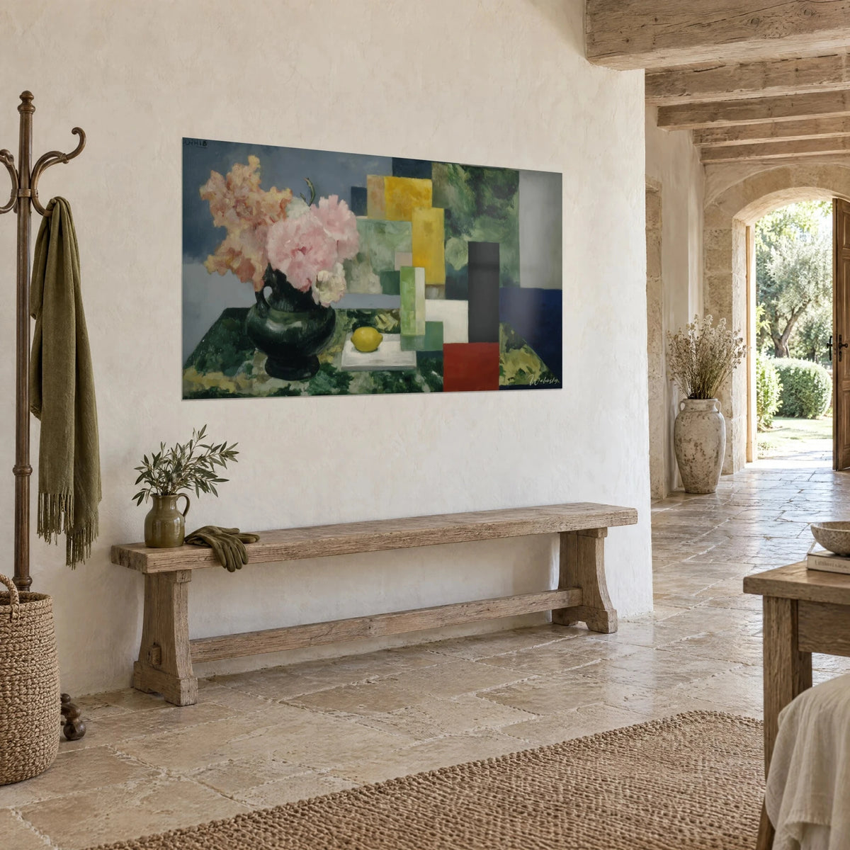 Wall art still life with flowers and a yellow lemon on a white pedestal, black and blue rectangles, on a rustic stone bench
