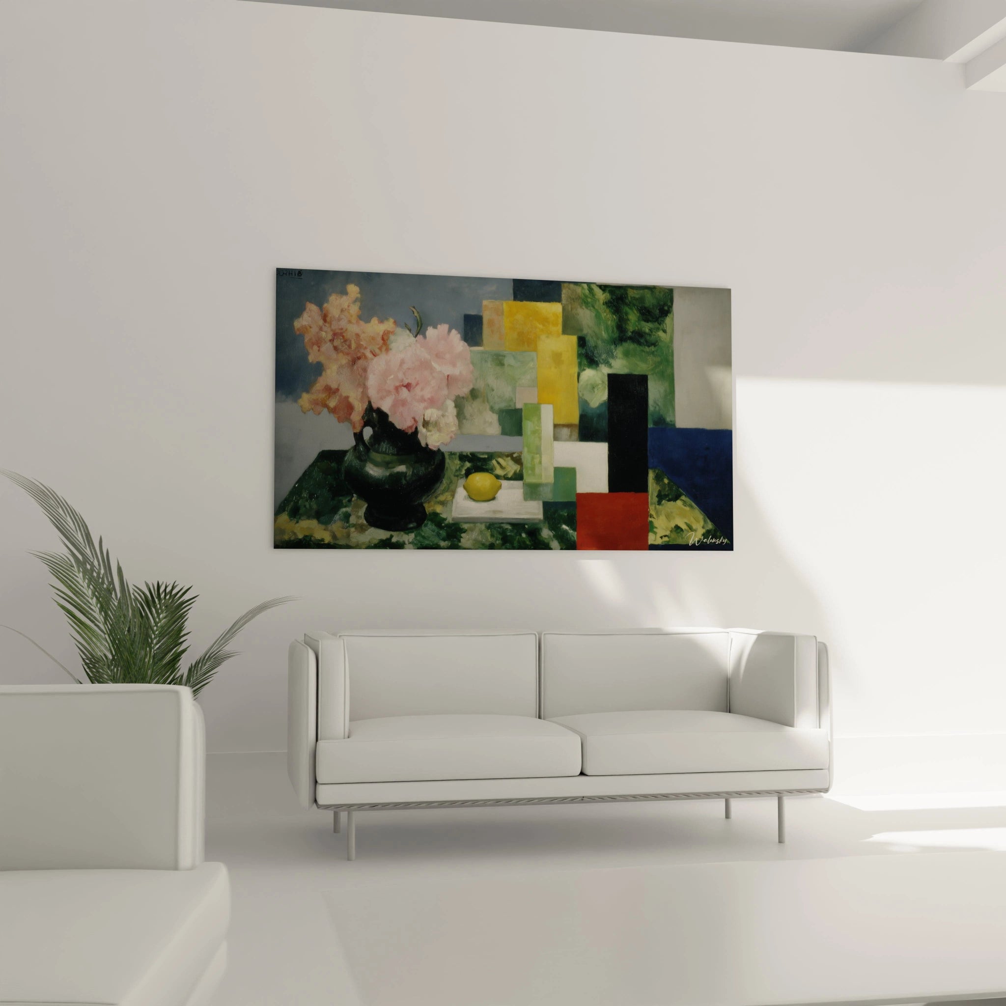 tableau nature morte fleurs moderne Walensky accroché au mur du salon minimaliste avec vase et formes géométriques