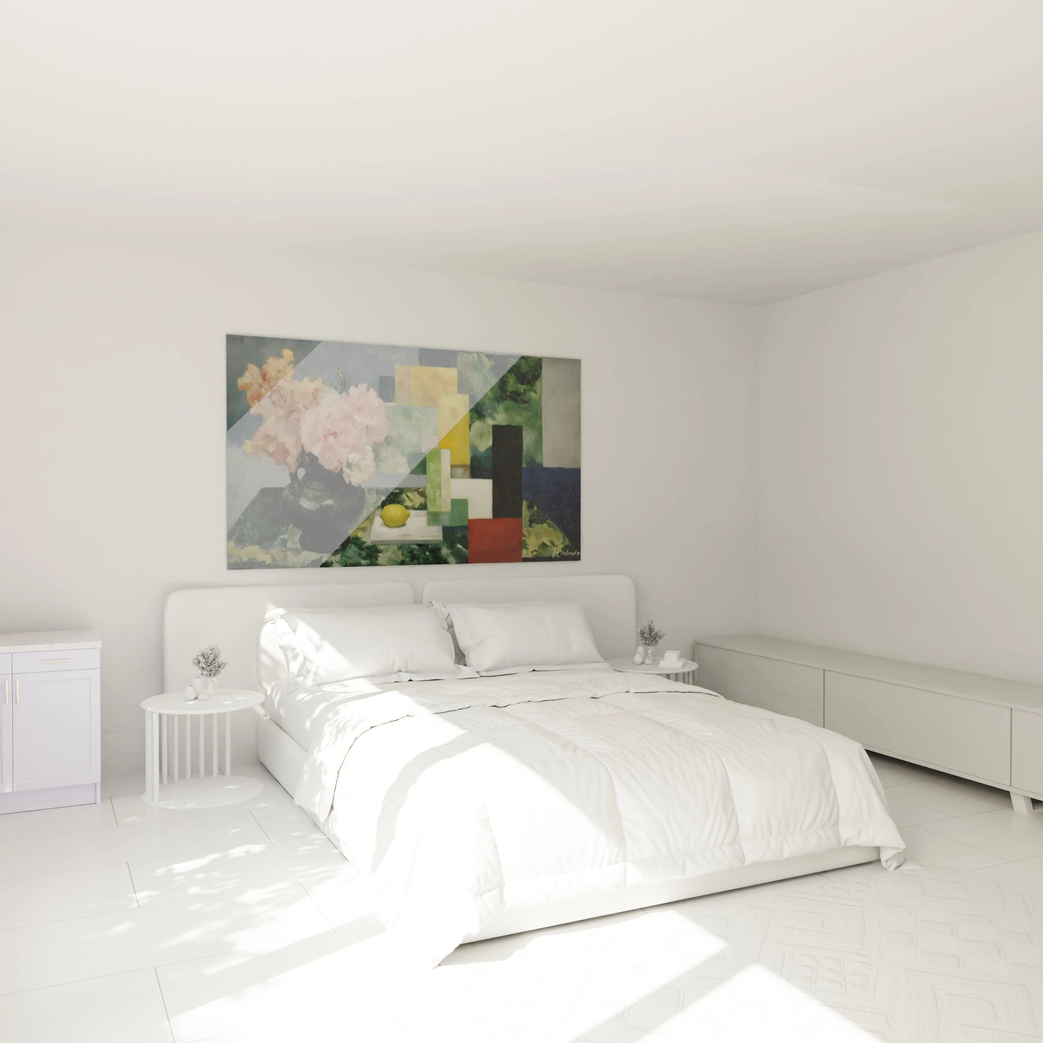 Walensky tableau nature morte fleurs moderne accroche au dessus d un lit blanc minimaliste dans chambre