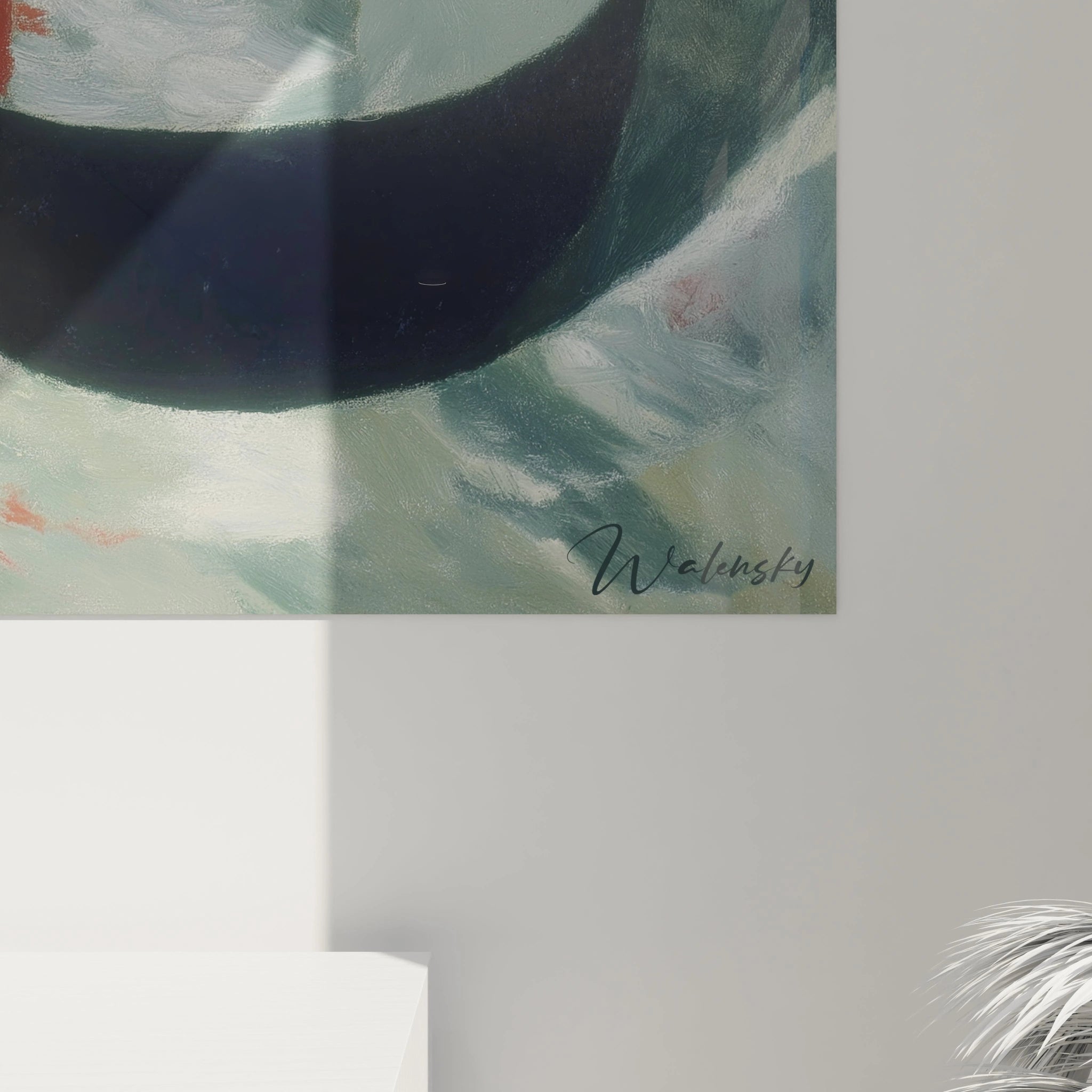 Tableau mural Walensky signé montrant formes abstraites vertes et courbe sombre tableau nature morte contemporain accroché au mur