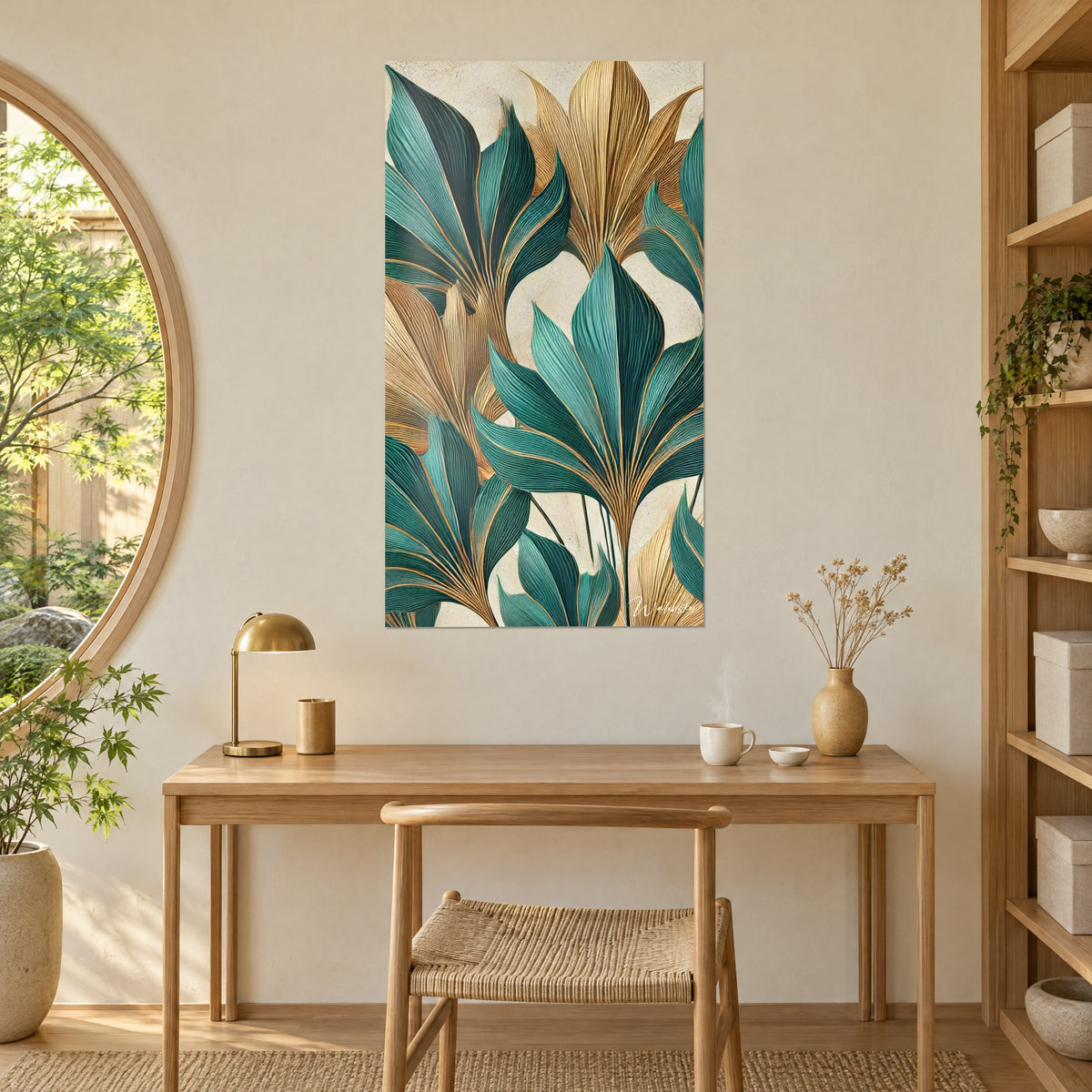 Obraz z jadeitowymi i miedzianymi listkami na kości słoniowej tle, dębowe biurko z mosiężną lampą, szklane koło otwarte na drzewa