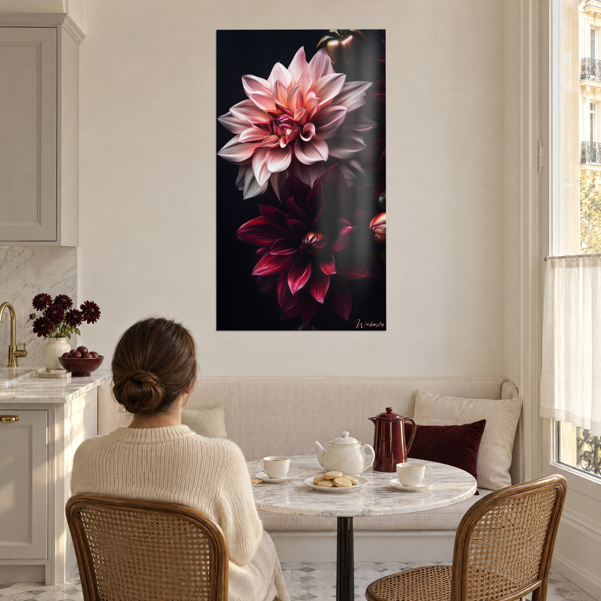 Wall art of a salmon pink flower crown with slender petals and a deep purple dahlia, dining nook, woman seen from behind, red teapot on the table