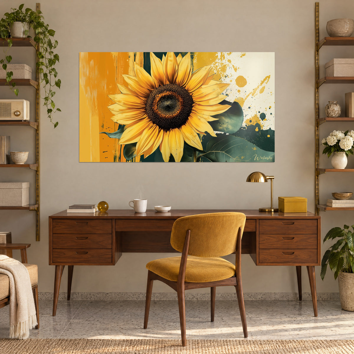 Cuadro girasol pintado en planos naranjas y crema, hojas verde petróleo, colgado en la pared de un escritorio de madera junto a una lámpara de latón