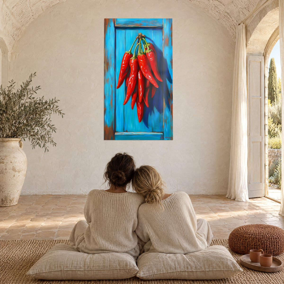 Tableau piments rouge vif accrochés à une planche azur, ombre indigo portée, mur de pierre blanche dans un grand salon voûté du mas