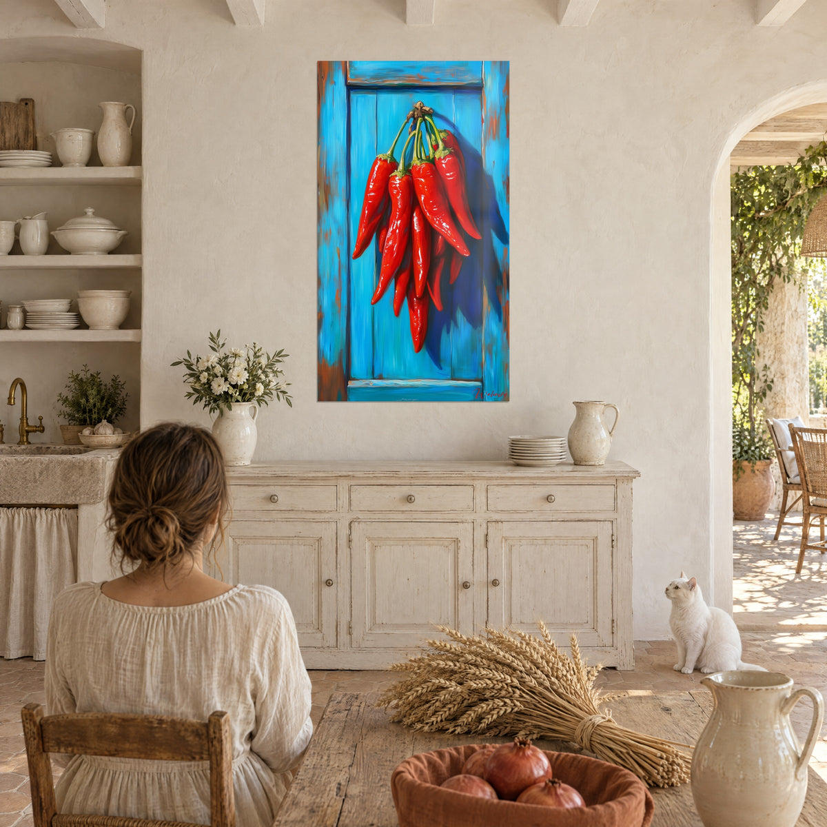 Tableau piments rouges brillants noués par une ficelle sur volet turquoise, mur beige, buffet blanc, chat blanc assis sur le sol