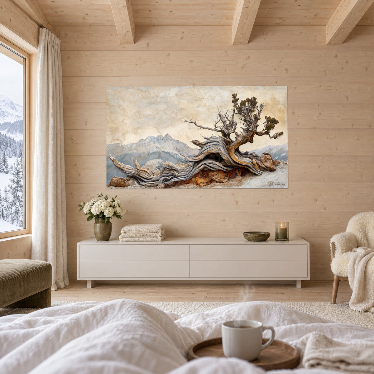 Wall art of a wind-sculpted trunk, pearl grey and honey fibres, olive green needles, bluish peaks above a bed in a bright bedroom