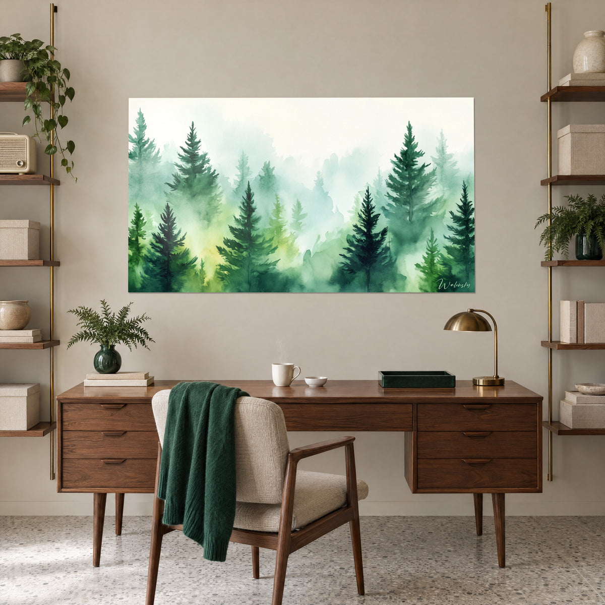 Wall art hazy pine forest painted in watercolour, jade green and cream, above a wooden desk and rattan shelves