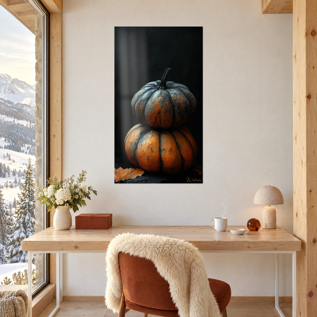 Cuadro pila de calabazas de otoño, reflejos metálicos naranja y gris, colgado encima de un escritorio claro junto al ventanal