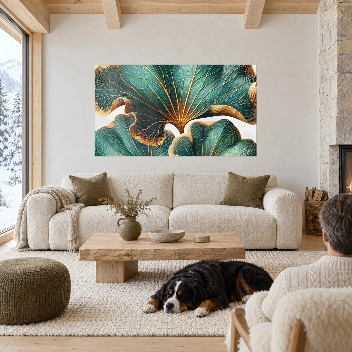 Tableau feuille de ginkgo turquoise aux nervures dorées, un chien noir et blanc couché, au-dessus d'un canapé dans un salon lumineux