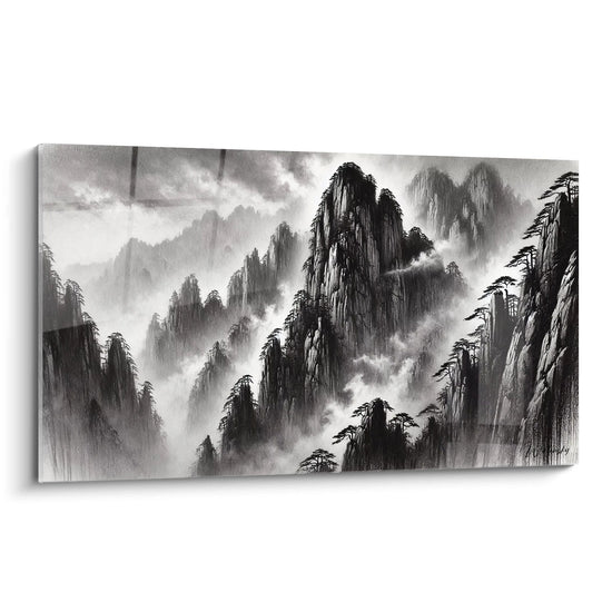 Tableau nature preservée vu de biais, capturant l'immensité des montagnes embrumées. Un hommage à la puissance sereine de la nature, alliant tradition orientale et touche contemporaine.

