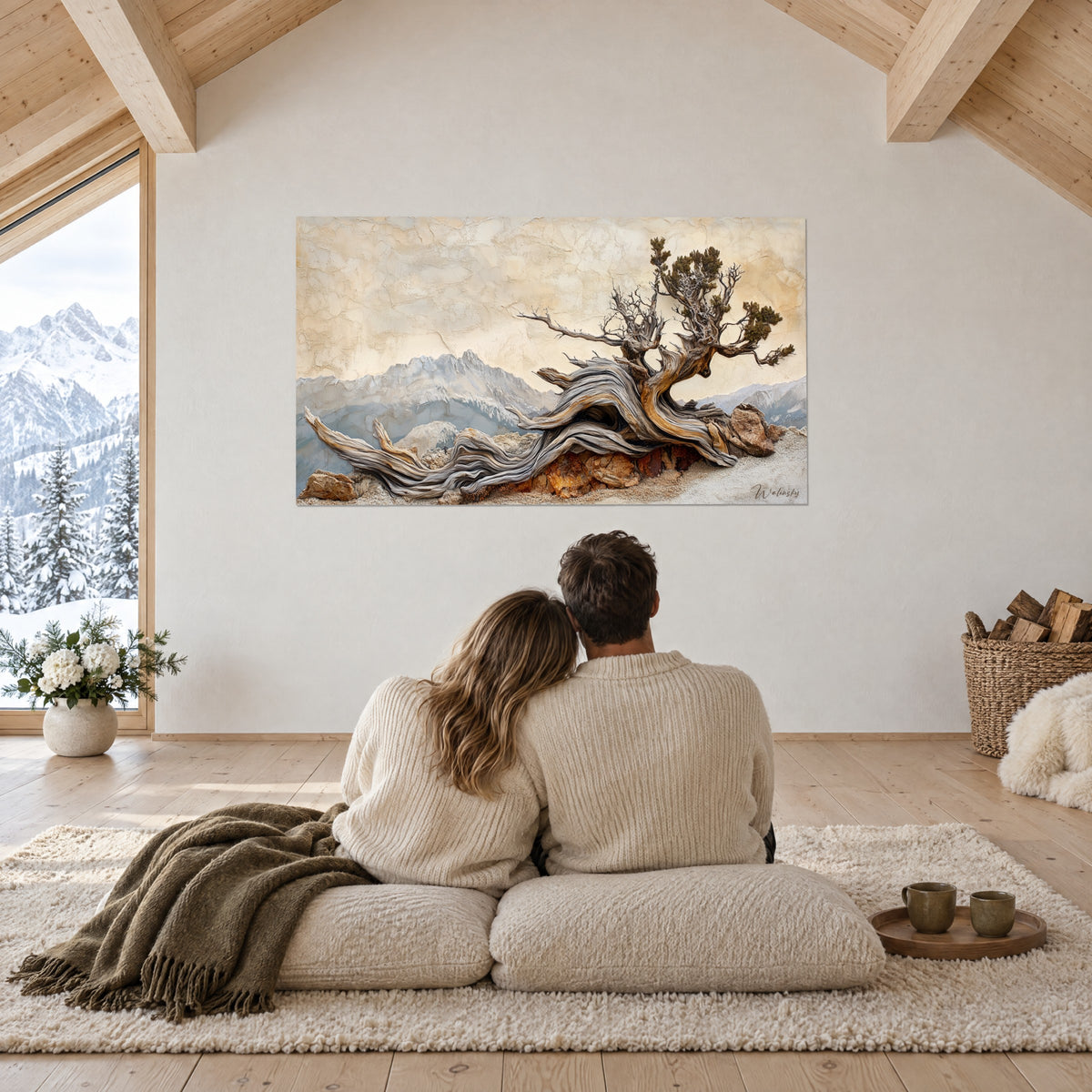 Wall art of alpine driftwood in sand and amber swirls, grey-blue snowy peak, a couple seen from behind sitting on cushions in the living room