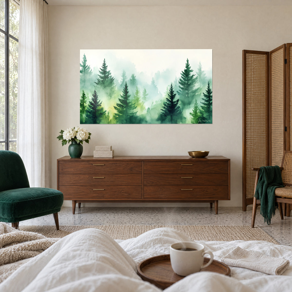 Wall art misty conifers, fir green and lemon yellow, veiled white silhouettes, above a bed in a bright bedroom