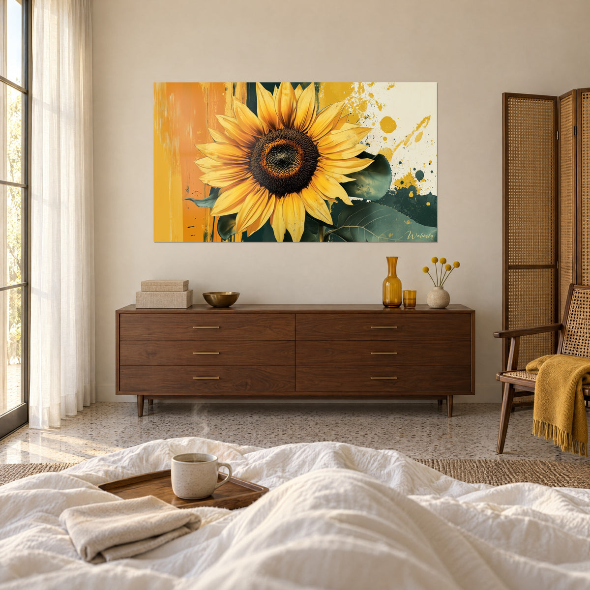 Cuadro motivo de girasol amarillo vibrante sobre salpicaduras mostaza y hojas verde profundo, encima de una cama en un dormitorio claro