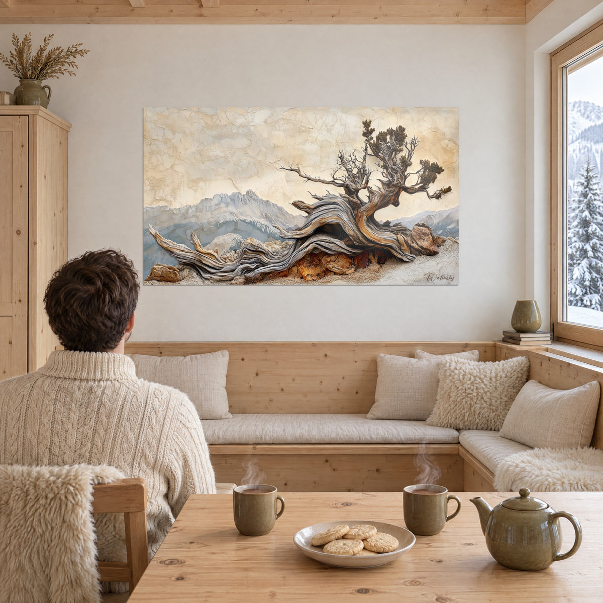 Wall art of a mountain conifer with a grey and golden twisted trunk, glacier-blue mountains, white chalet wall, couple seen from behind in front of the window