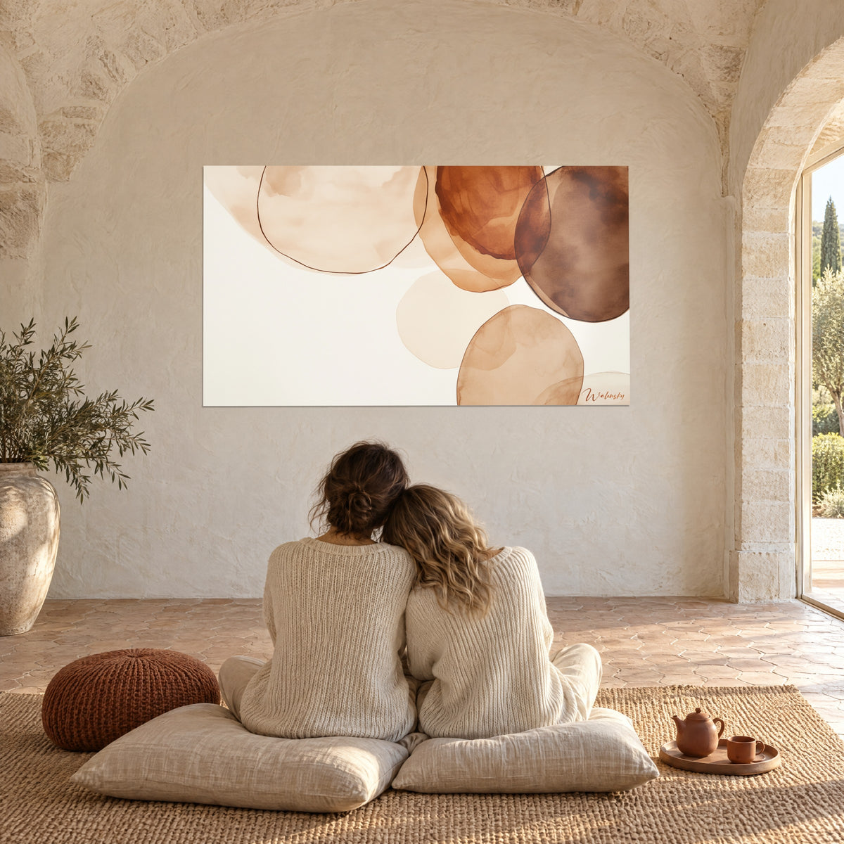 Πίνακας με χάλους από αραιωμένο μελάνι σε terra di Siena και ροζ μπεζ, πλάγια υπογραφή σε σκουριά, κάτω από πέτρινη καμάρα στην Προβηγκία