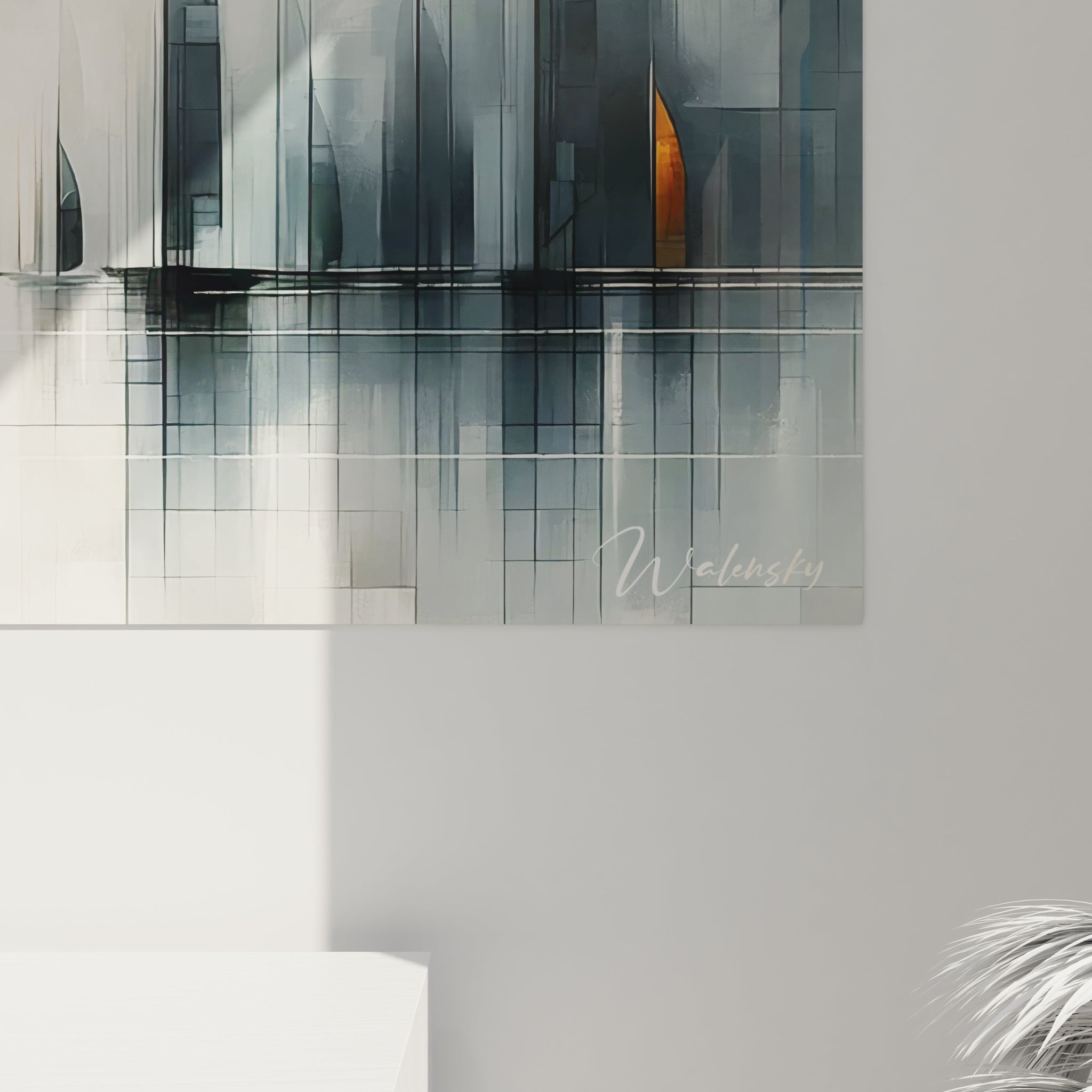 Un tableau abstrait de flotte de voiliers sur horizon fractionnée. Utilise une palette de gris-bleu, blanc, or et noir. La texture présente une composition quadrillée avec effets de transparence et superpositions, où des triangles dorés figurant des voiles contrastent avec le fond fragmenté, créant un paysage maritime géométrisé avec reflets dans l'eau.
