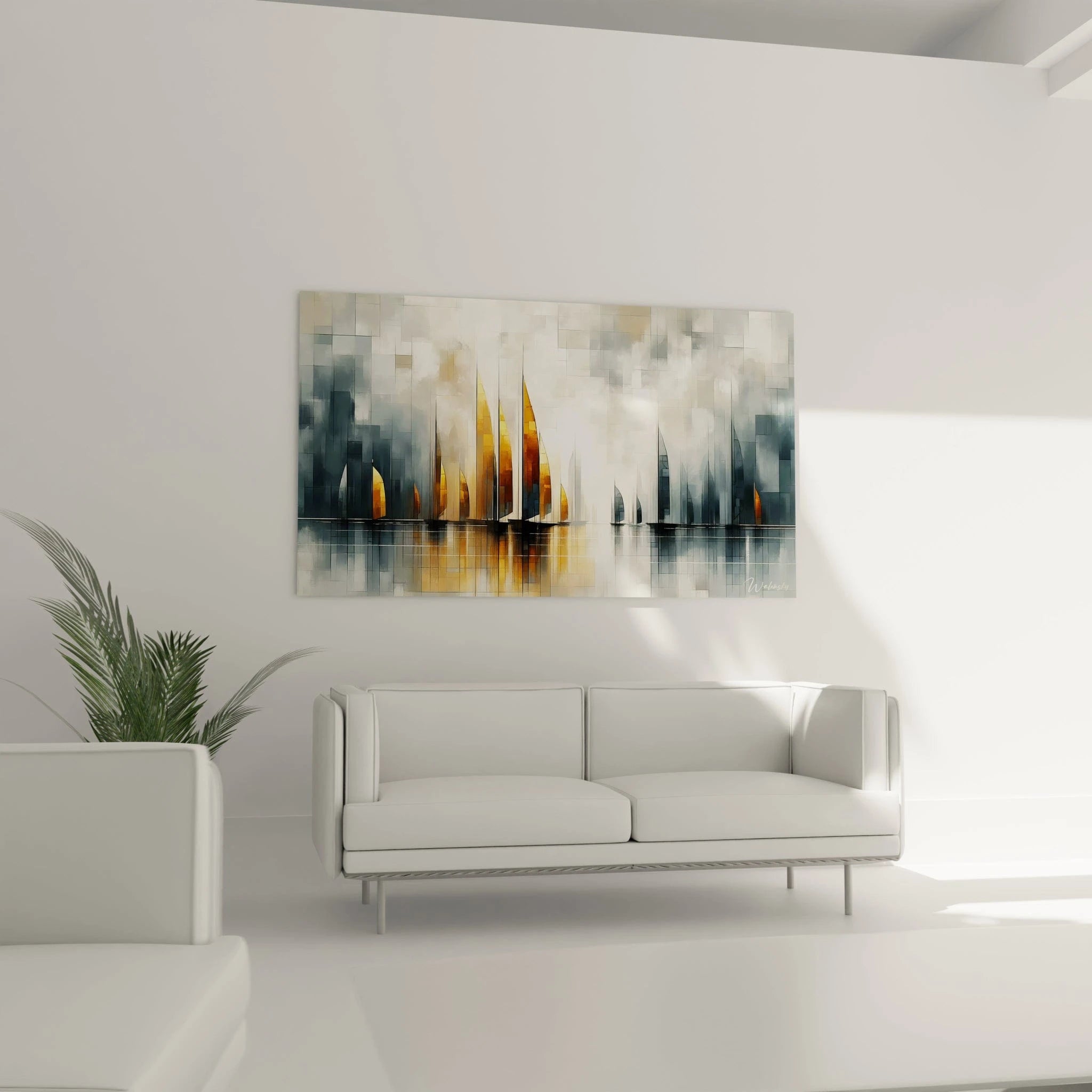 Un tableau abstrait de marina pixelisée avec voiliers. Les couleurs principales sont gris argenté, blanc crème, or lumineux et anthracite. La texture montre une composition fragmentée en carrés et rectangles créant un effet de grille, avec des silhouettes triangulaires dorées représentant des voiles qui se détachent sur un ciel nuageux.
