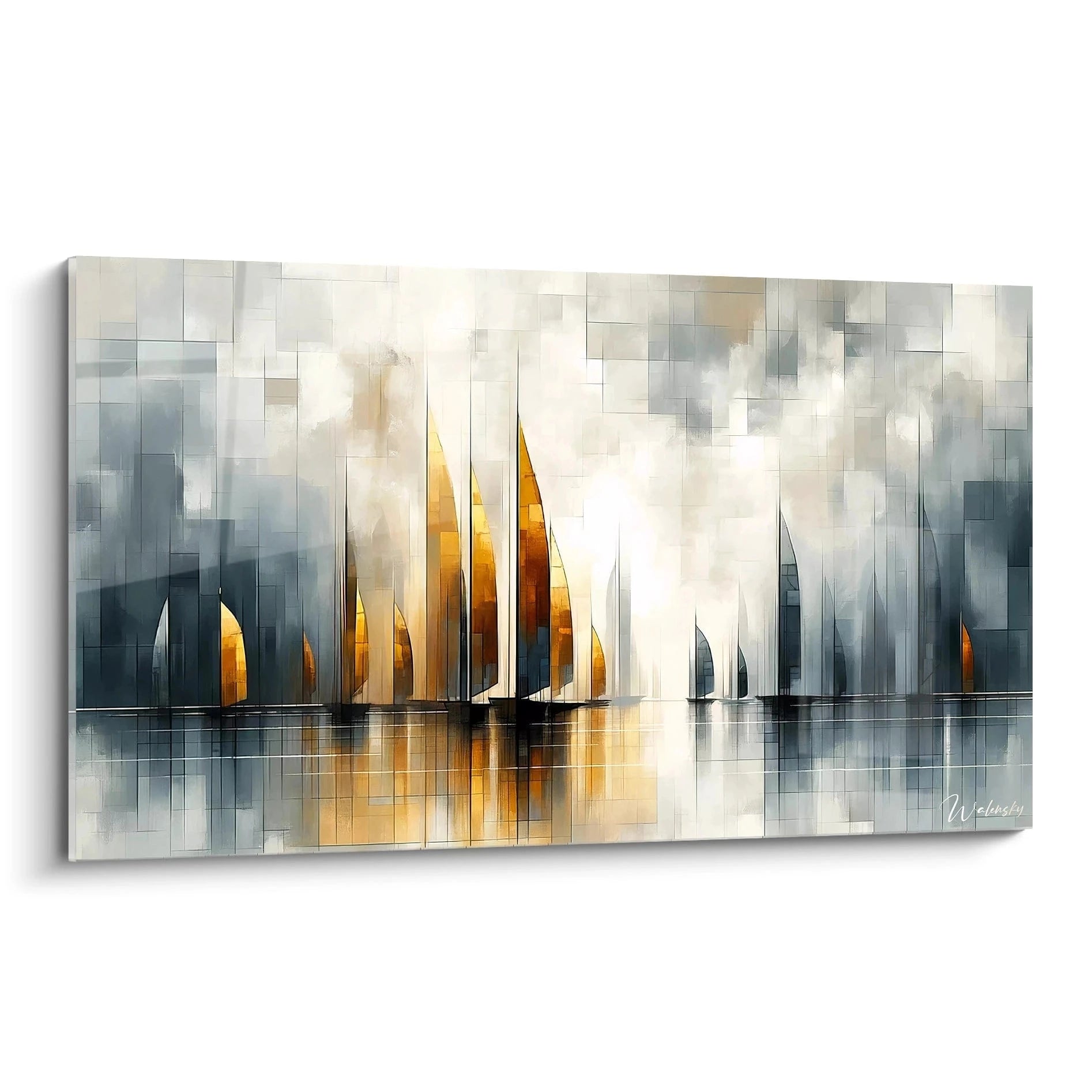 Un tableau abstrait de voiliers stylisés sur l'eau. Dominé par des teintes gris acier, blanc ivoire, or ambré et noir. La texture présente une structure géométrique composée de rectangles et carrés superposés, avec des formes triangulaires dorées évoquant des voiles qui se reflètent dans une eau calme.
