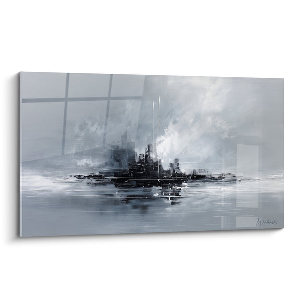 Schilderij oorlogsschip grijs en wit in oceaanmist - Maritieme macht - Feng shui West Metaal editie