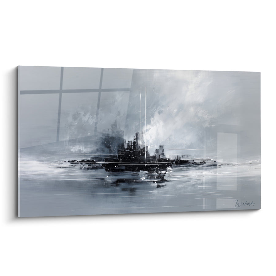 Tableau navire de guerre gris et blanc dans brume océanique - Puissance Maritime - Edition Feng shui Ouest Métal
