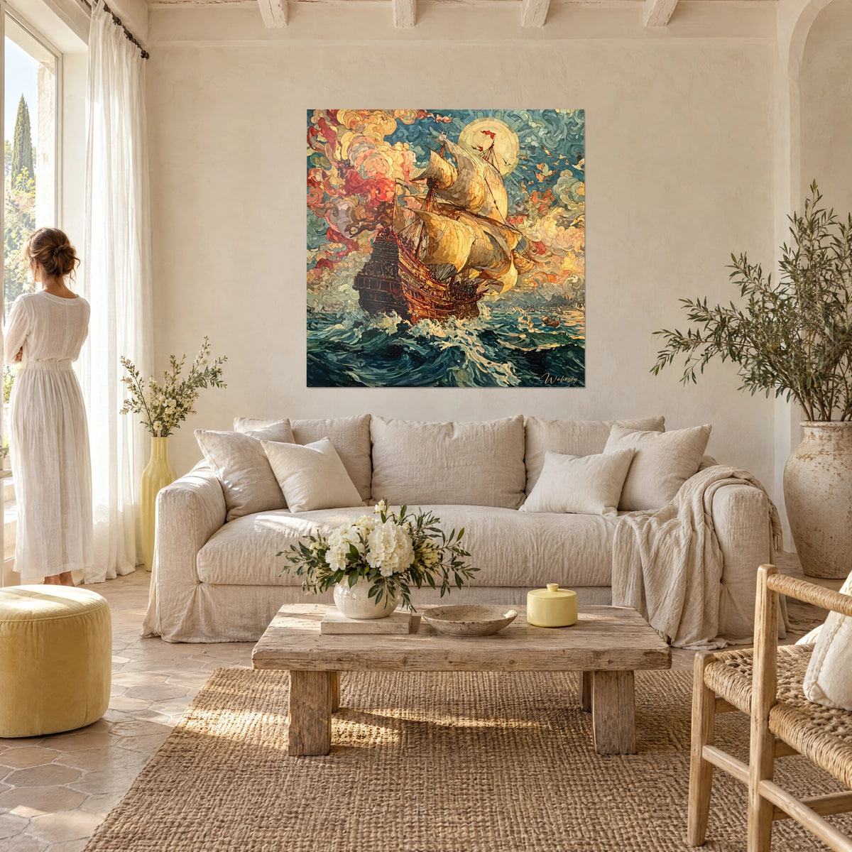Quadro di un galeone con vele avorio che solcano onde turchesi, nuvole color corallo, appeso sopra un divano in un soggiorno luminoso