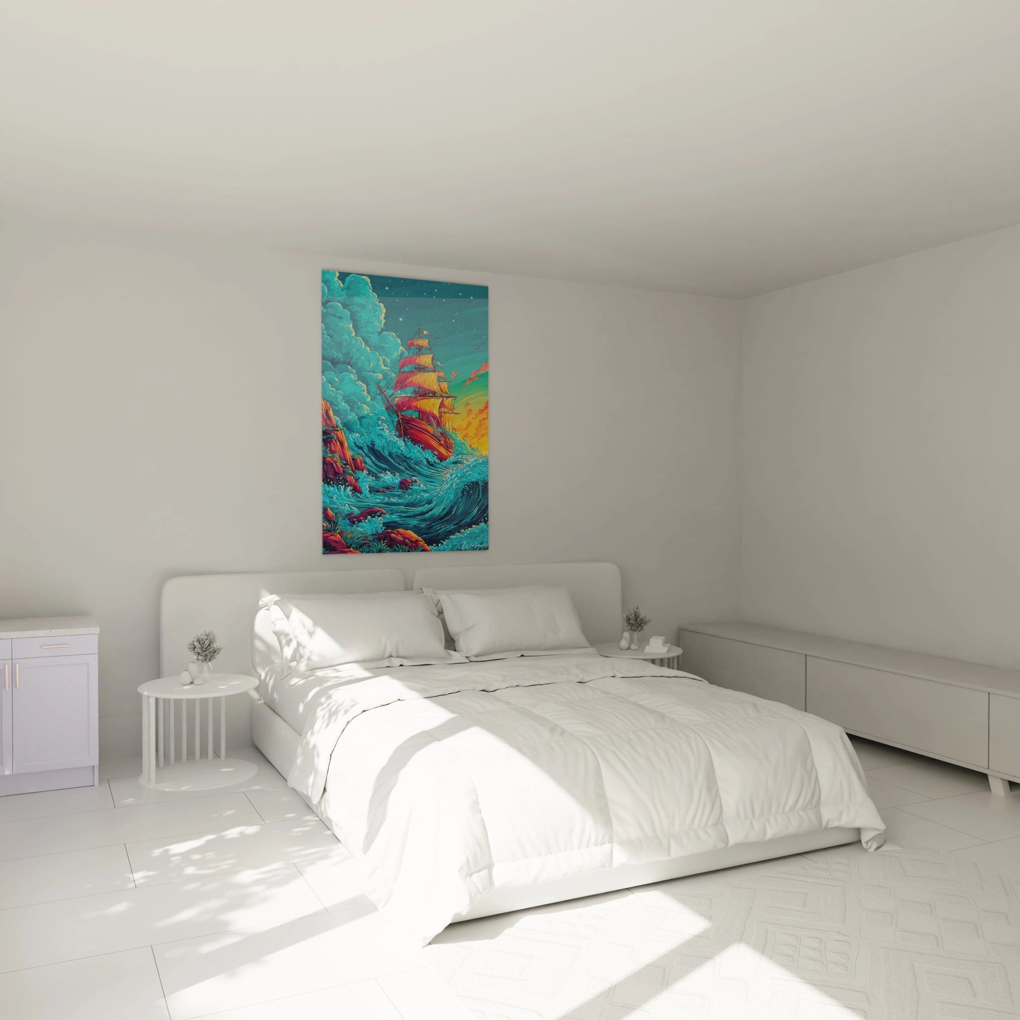 Décoration chambre tableau pirate maritime sur mur avec navire dans tempête océanique colorée