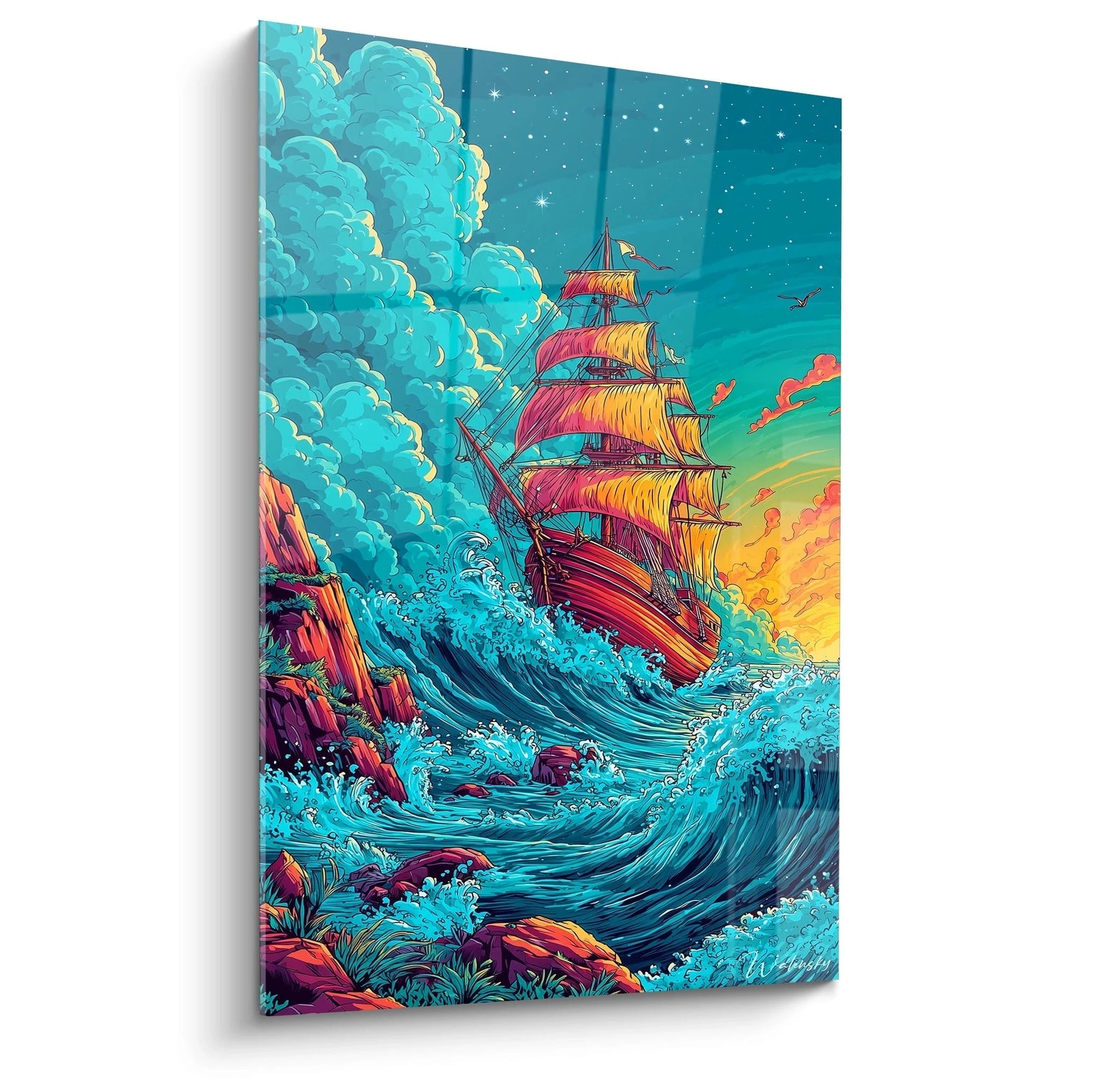 Tableau mural navire pirate tempête style bande dessinée avec voiles colorées et vagues turquoise
