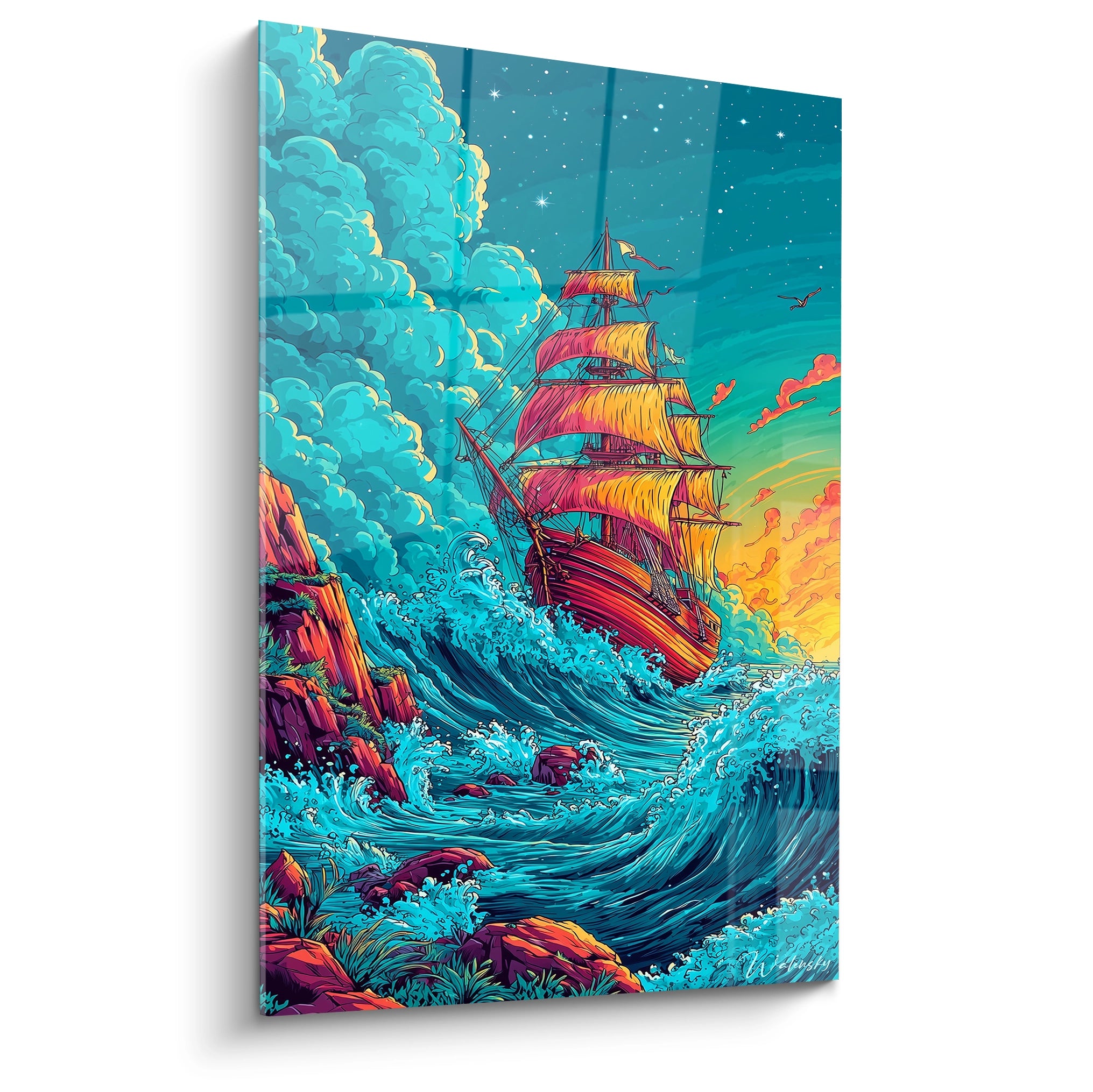 Tableau mural navire pirate tempête style bande dessinée avec voiles colorées et vagues turquoise
