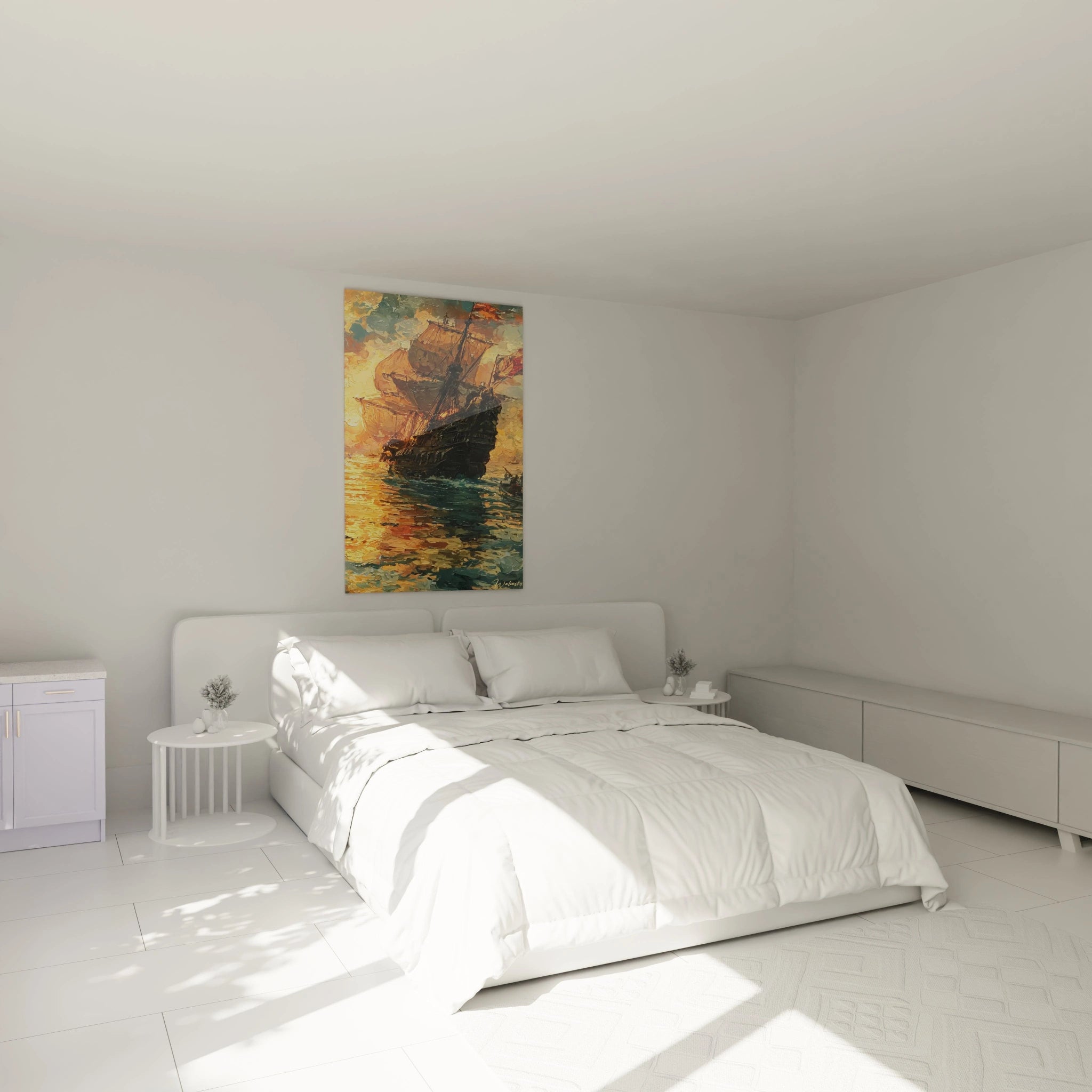 tableau navire Christophe Colomb Walensky fixe au dessus d un lit blanc moderne dans une chambre minimaliste