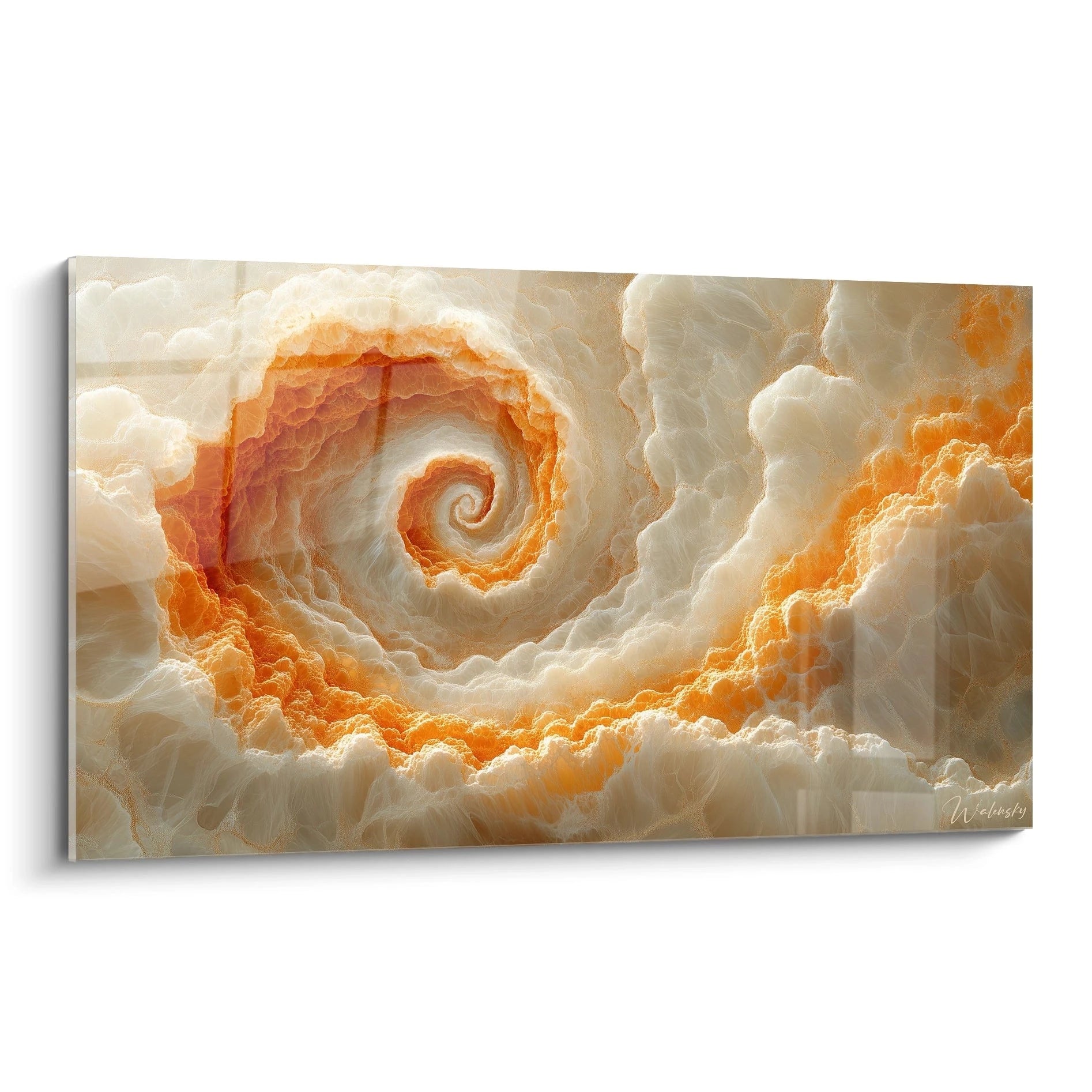 Un tableau abstrait spirale représentant un tourbillon orange et beige sur fond blanc crémeux, avec des textures vaporeuses et nuageuses créant un effet de profondeur. Le motif spiral central attire le regard vers son cœur lumineux.
