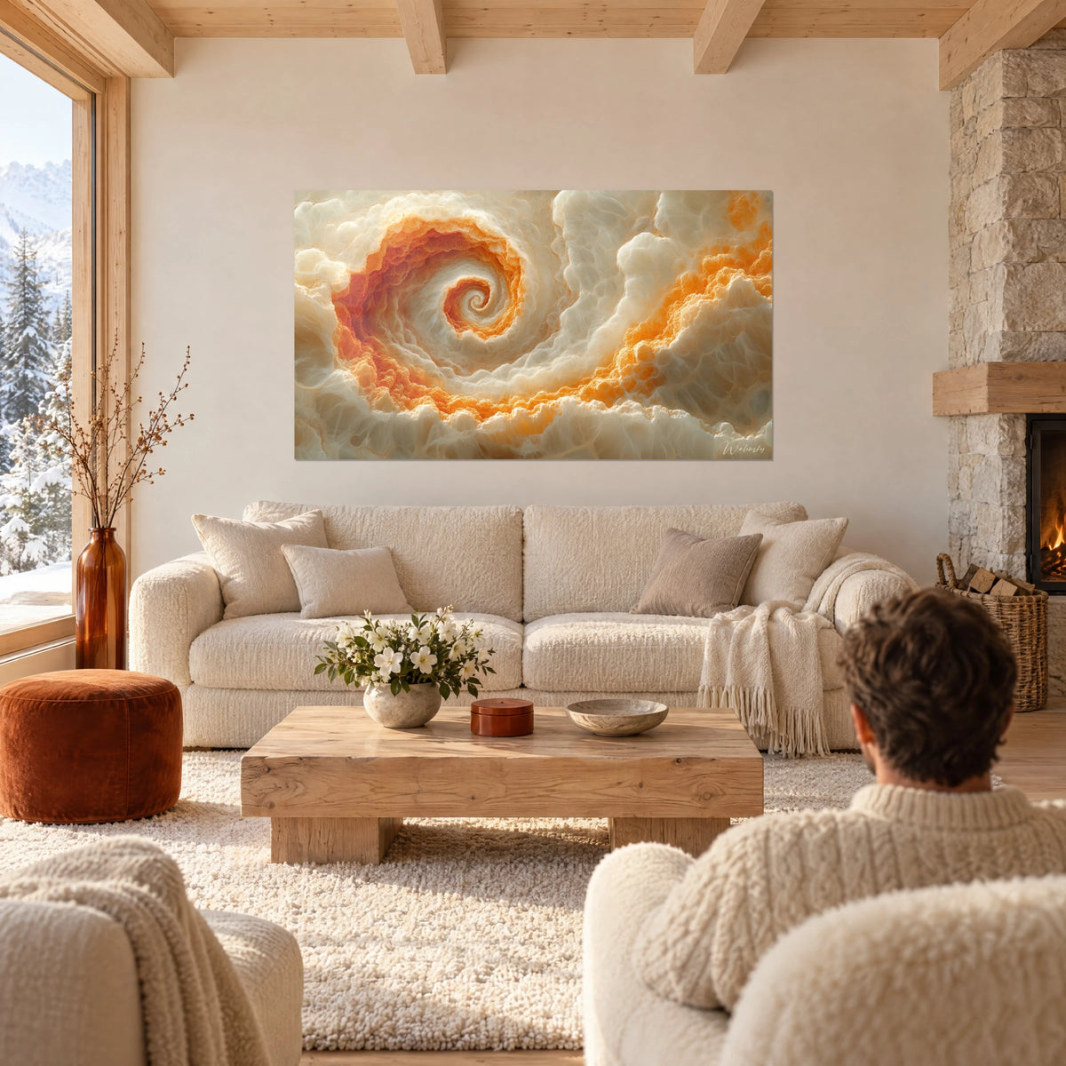 Wall art with a spiral of cream onyx and vivid orange, swirling centre, couple seen from behind, above a sofa in a bright living room
