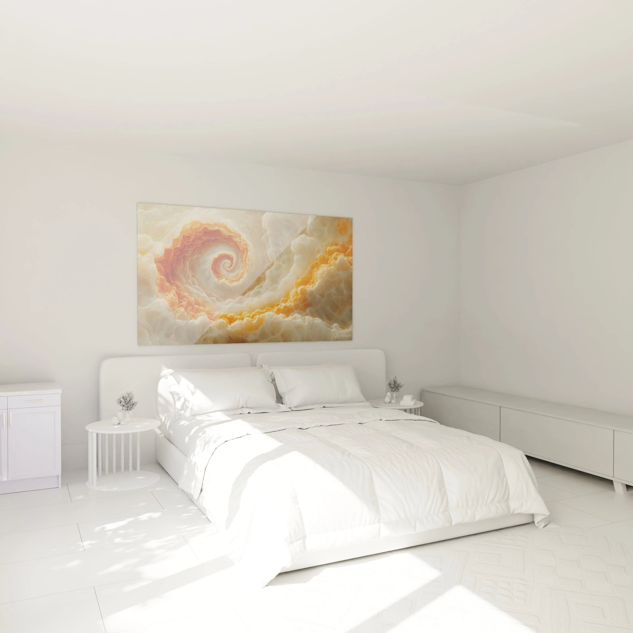 Un tableau abstrait spirale aux couleurs chaudes orange et beige avec fond blanc, montrant un mouvement tourbillonnant continu. Les textures nuageuses et éthérées créent une sensation de profondeur infinie et de mouvement perpétuel.
