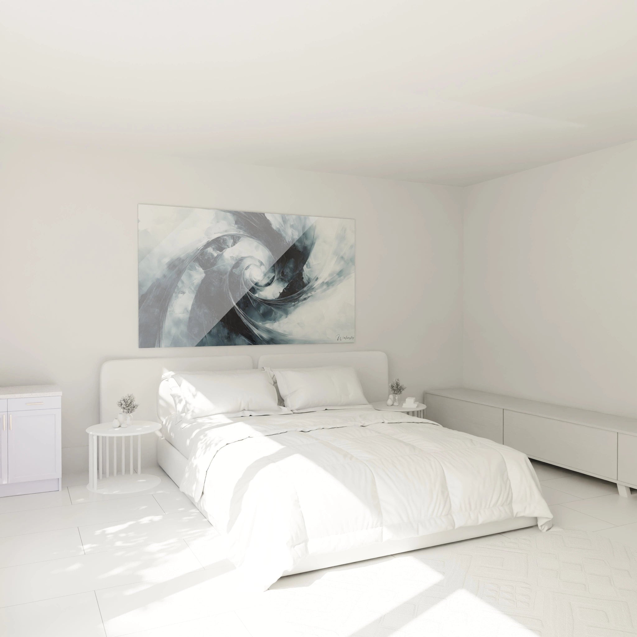 Un tableau abstrait spirale hypnotique aux tons noir, blanc et gris. La composition tourbillonnante évoque un vortex cosmique, avec des lignes courbes qui s'enroulent vers un point focal central, créant une profondeur visuelle saisissante sur fond texturé.
