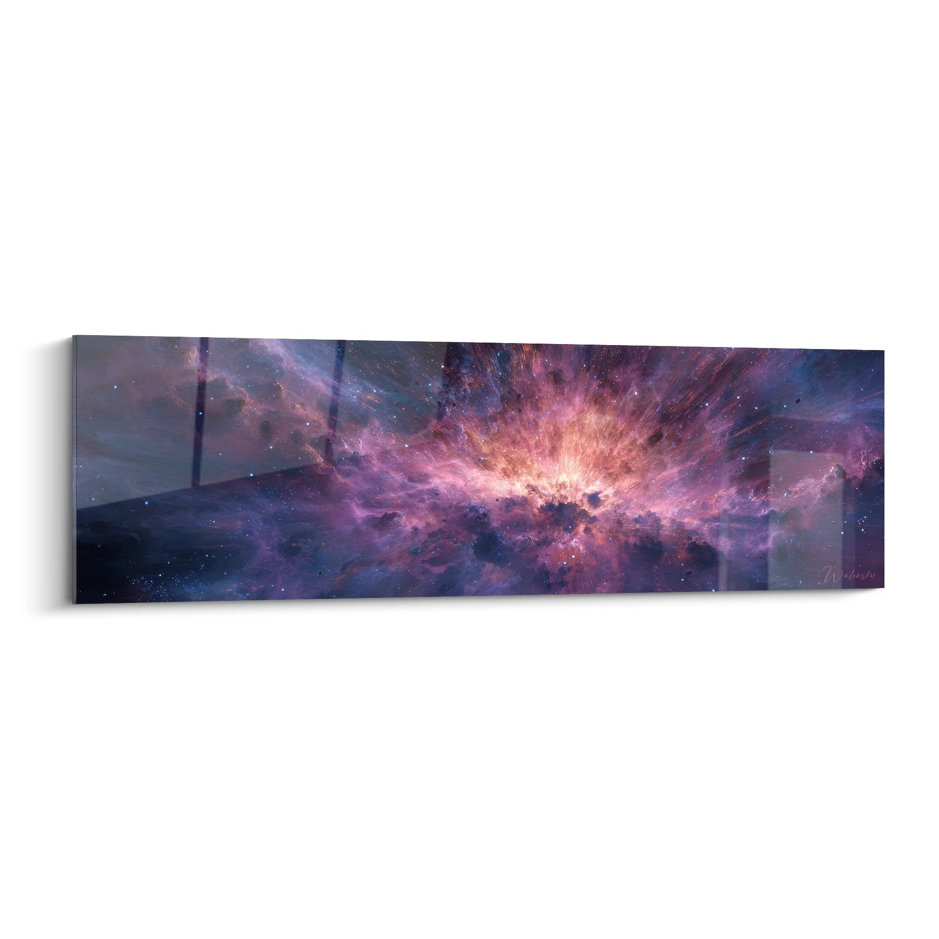 Tableau mural nébuleuse cosmique violette avec explosion stellaire et rayons lumineux sur fond spatial