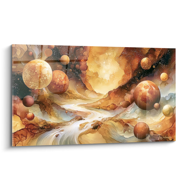 Cuadro Esferas doradas y ocre en una nebulosa - Deriva celeste - Edición Artística abstracta