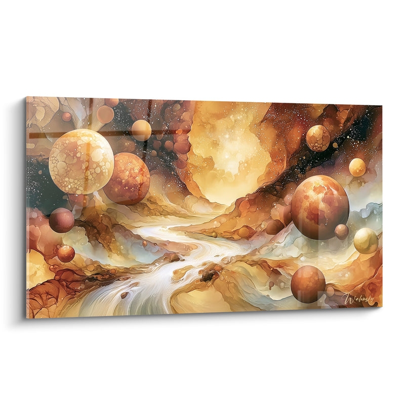 Tableau Sphères dorées et ocre dans une nébuleuse - Dérive céleste - Edition Artistique abstrait