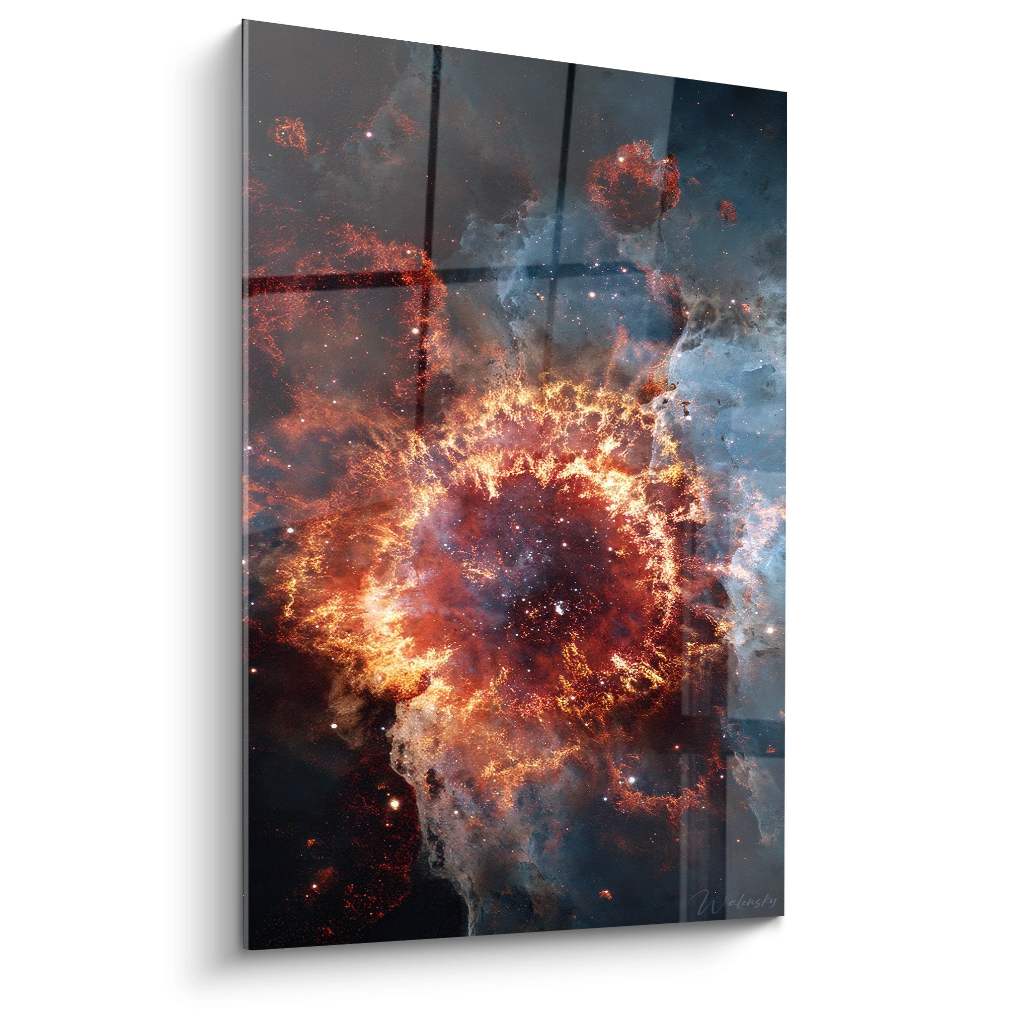 Tableau mural nébuleuse planétaire avec explosion cosmique aux couleurs flamboyantes orange et bleues