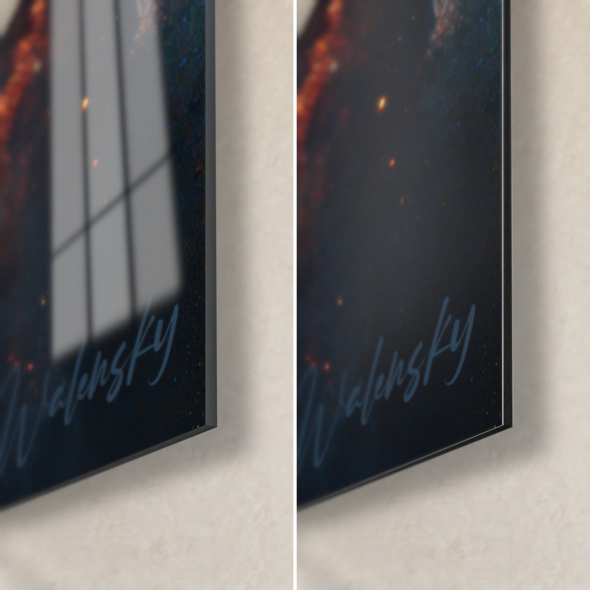 Gemälde flammende Supernova, unten rechts: glänzendes Glas mit Spiegelung eines Fensters, mattes schwarzes Dibond, 3 mm Kante