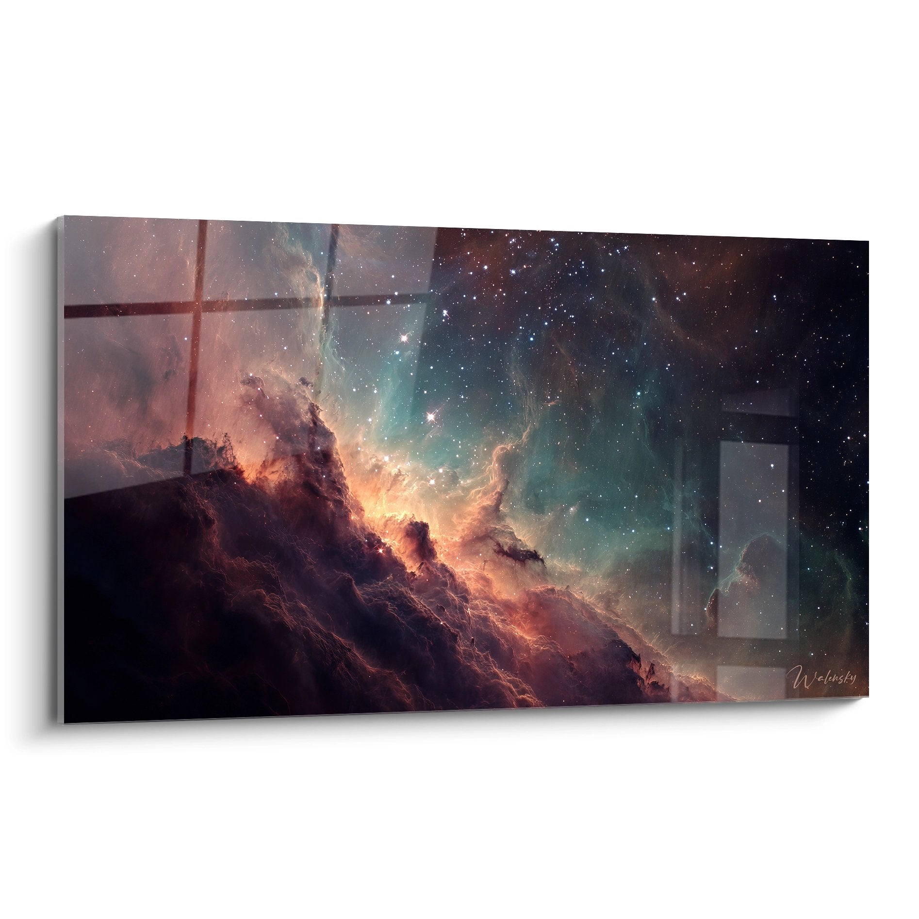 Tableau nébuleuse stellaire aux couleurs orangées et turquoise avec formations rocheuses cosmiques