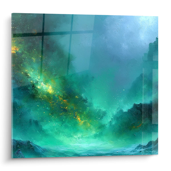 Tableau Nébuleuse verte et dorée entre falaises sombres - Brume céleste étoilée - Edition style Peinture abstrait