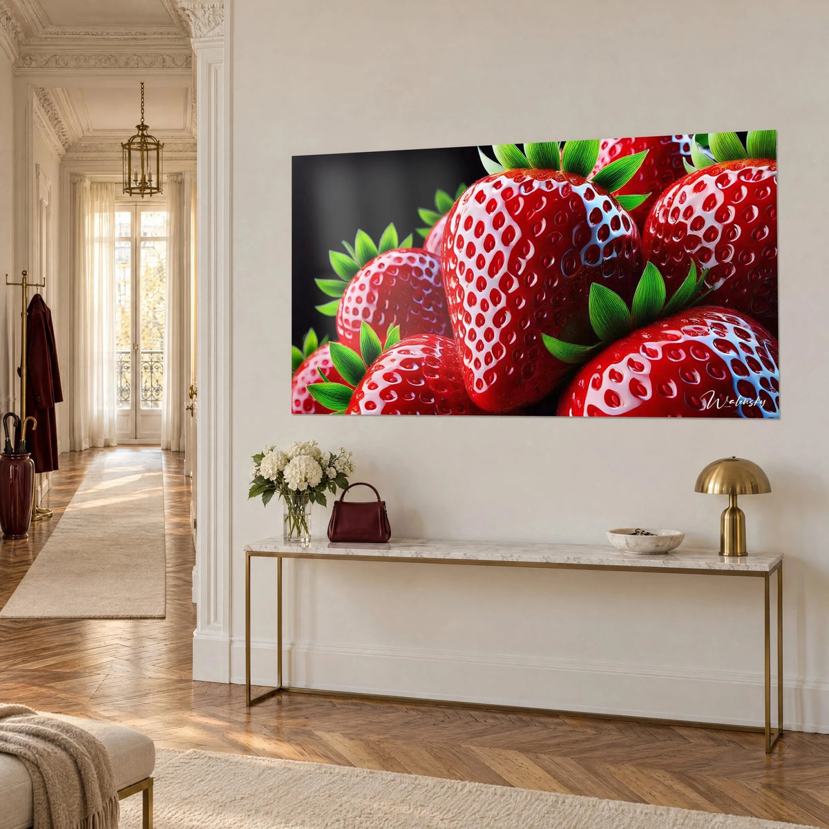 Gemälde große scharlachrote Erdbeeren mit glänzenden Samenkörnchen, grüne Kelche, goldene Konsole im Haussmann-Stil in Dreiviertelansicht