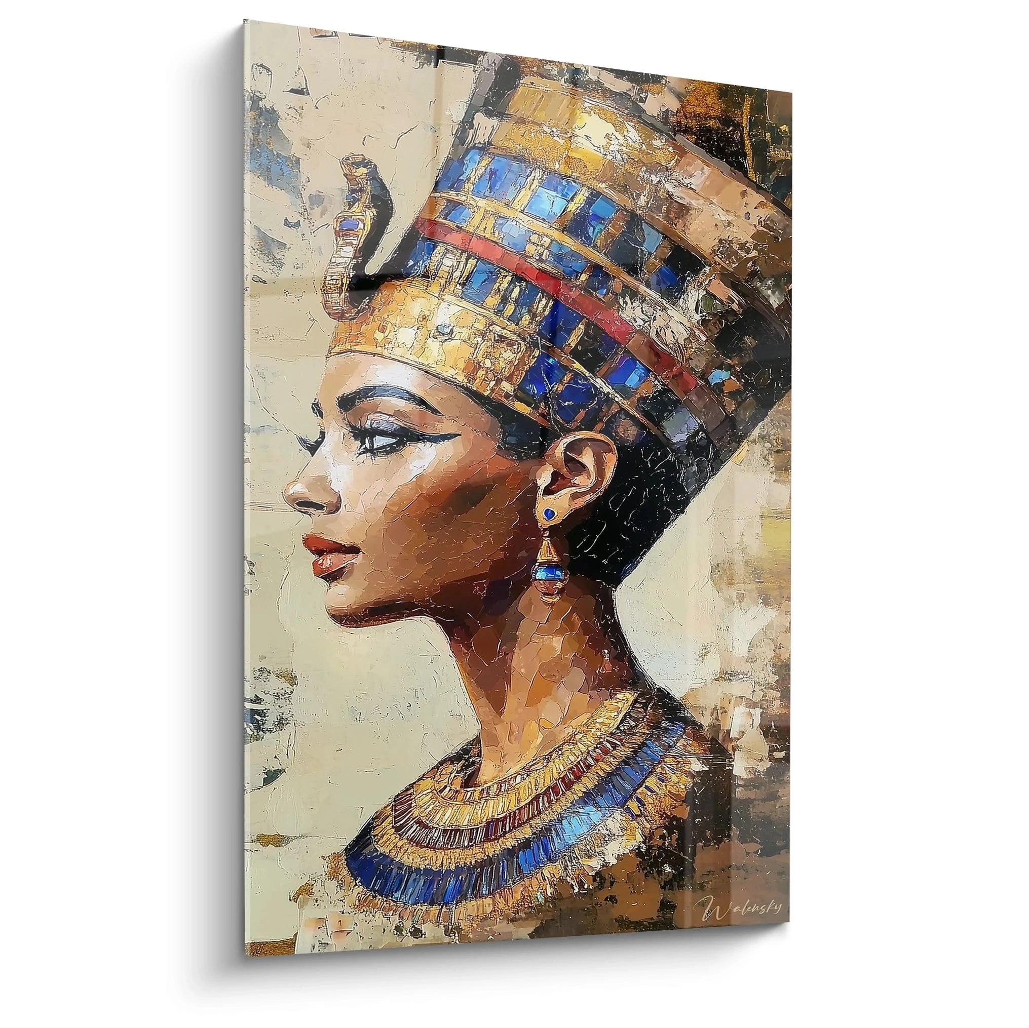 Tableau mural Egypte par Walensky représentant le profil d'une reine égyptienne en or et bleu